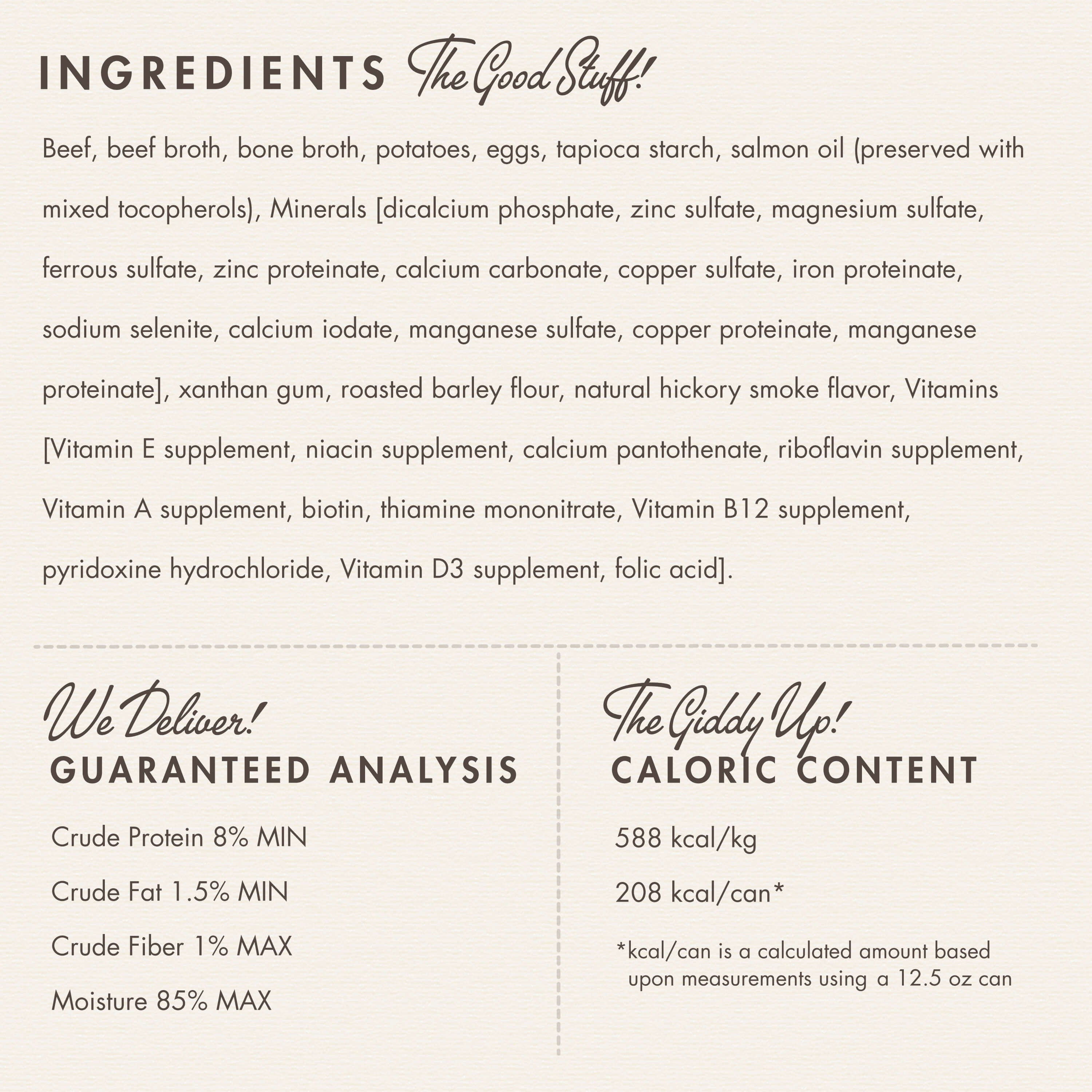 Fromm Diner Breakfast Sam's Steak & Eggs ingredients panel with guaranteed analysis and caloric content