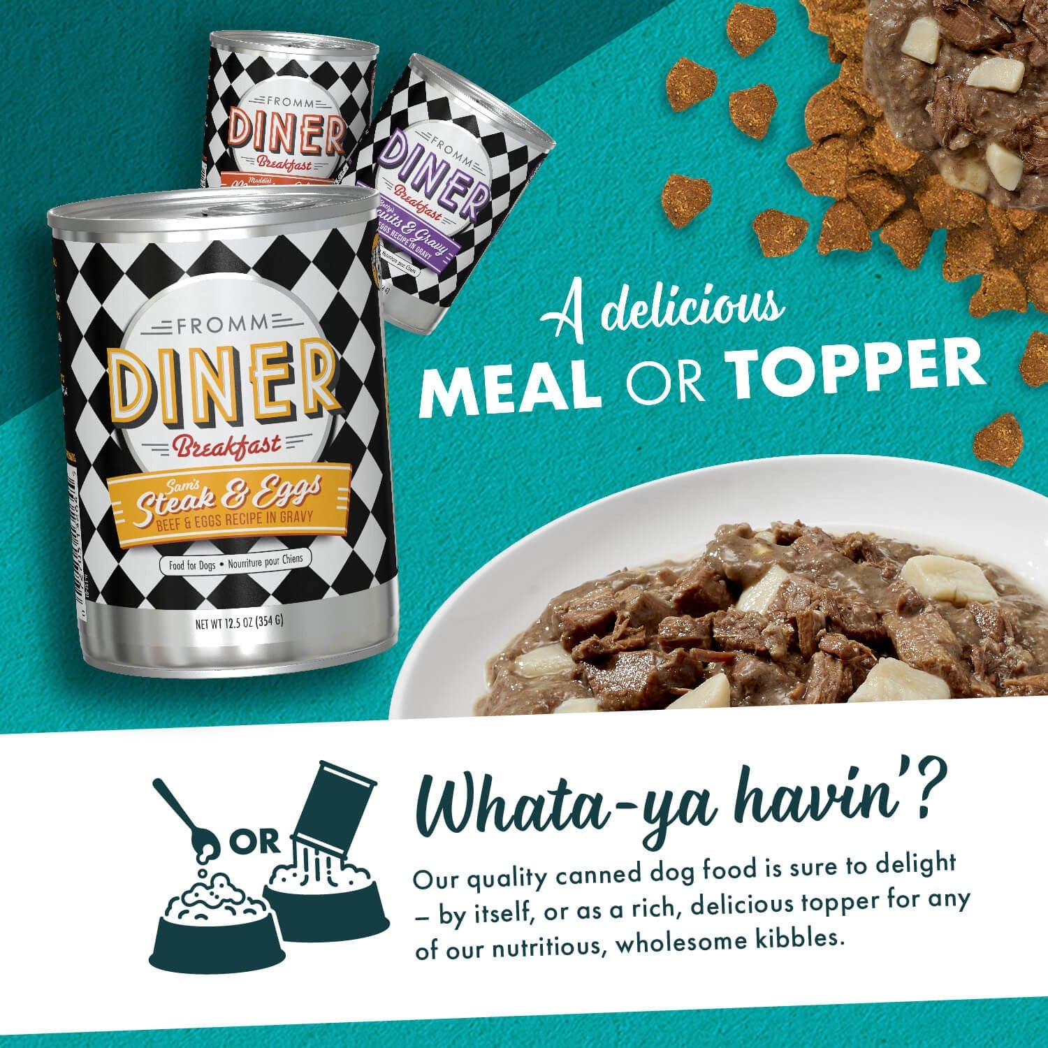 Fromm Diner Breakfast canned food served as a delicious meal or as a topper over kibble