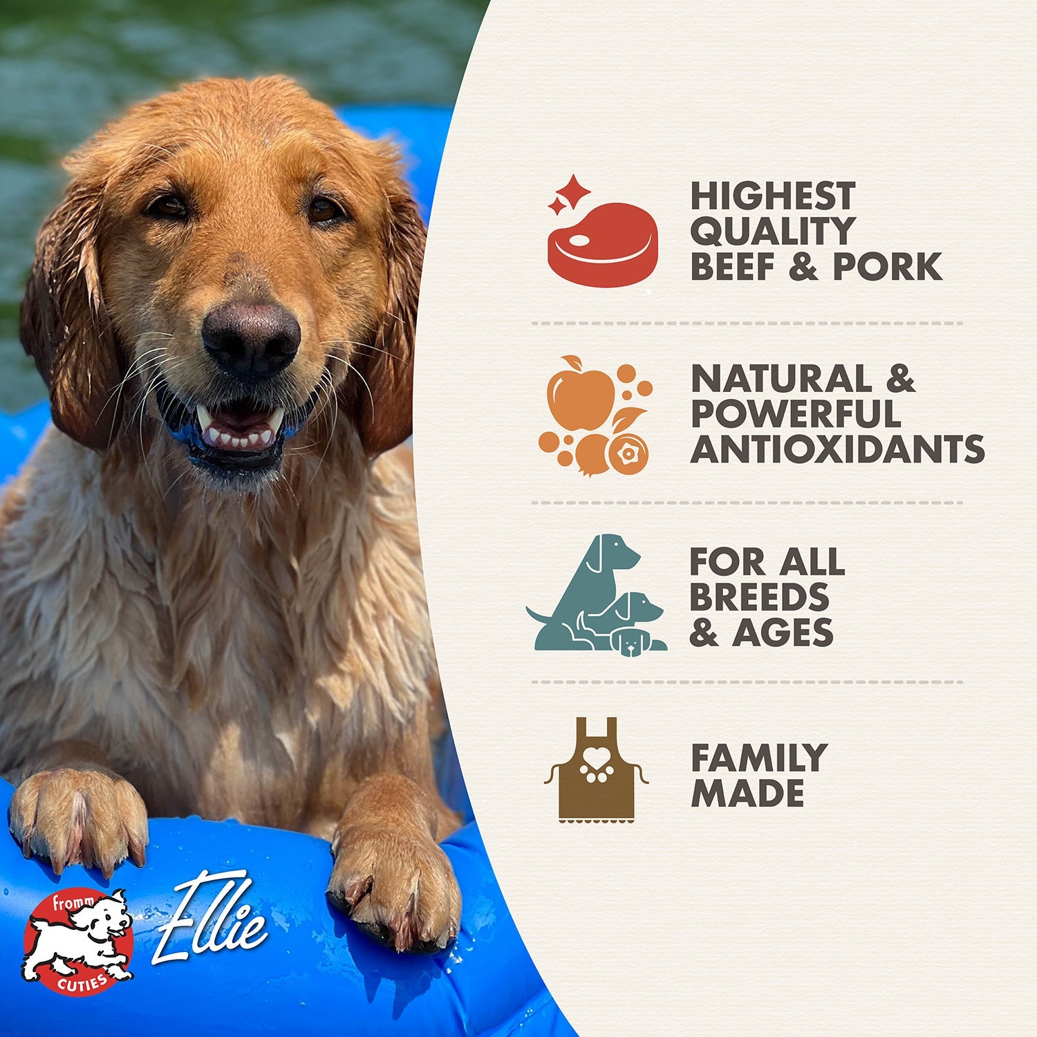 Fromm Cuties dog Ellie with Diner Classics benefits: highest quality beef and pork, natural antioxidants, for all breeds and ages, family made
