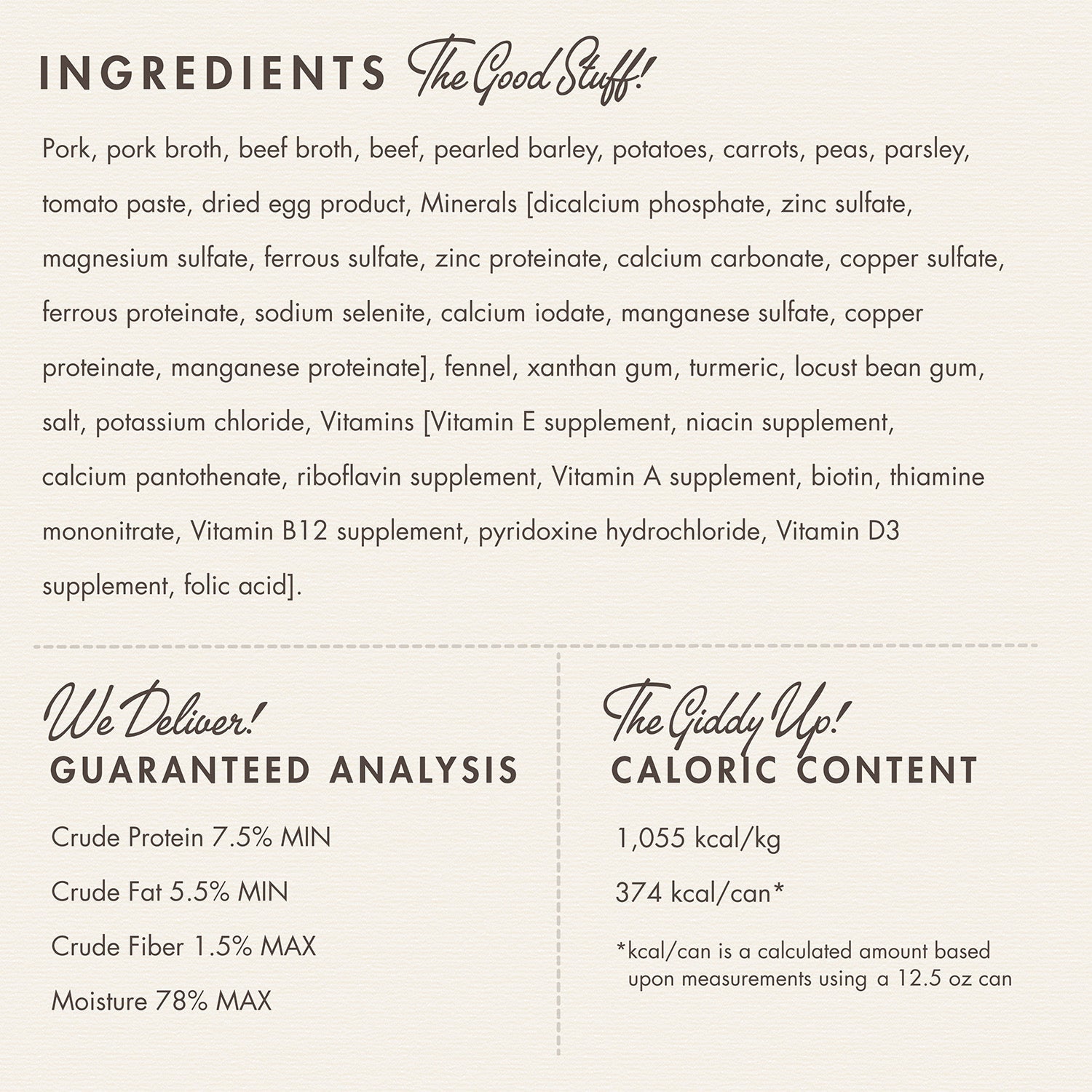 Fromm Diner Classics Milo's Meatloaf ingredients panel with guaranteed analysis and caloric content