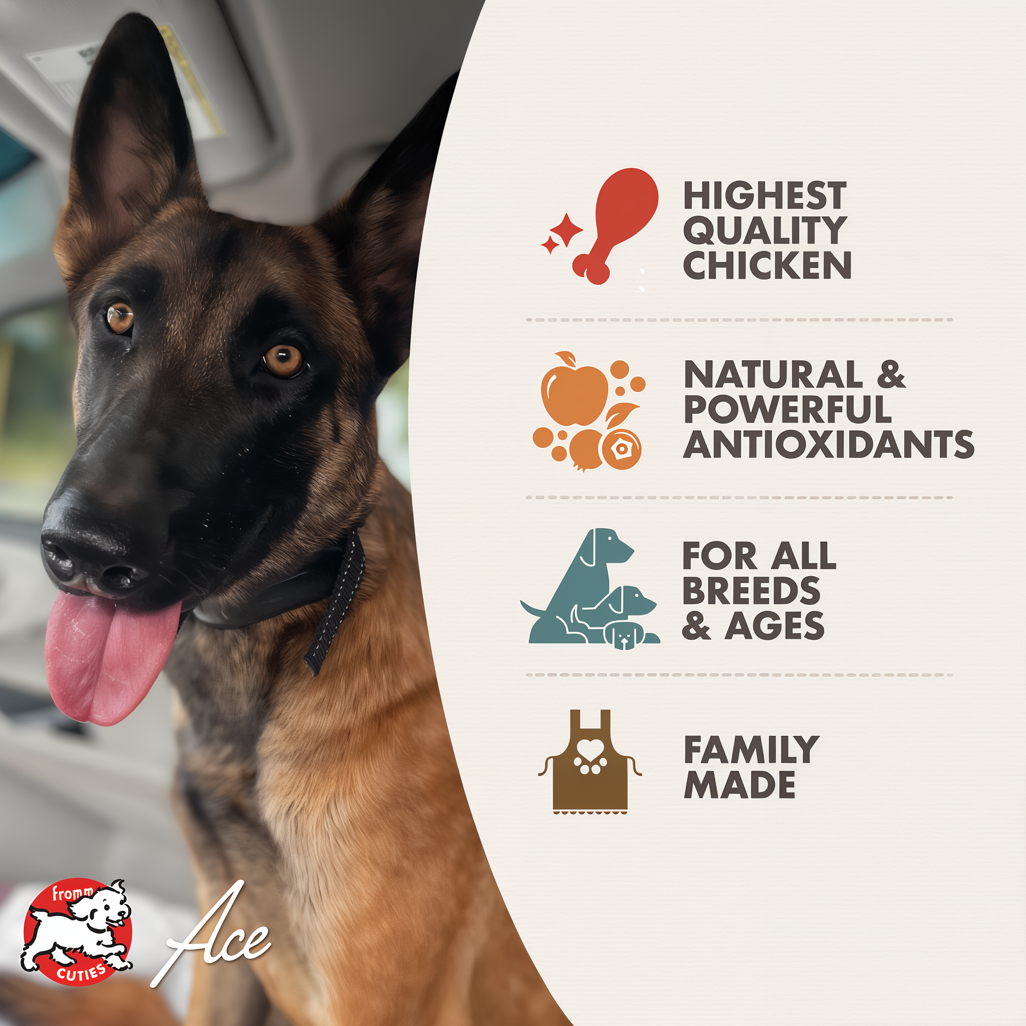 Fromm Cuties dog Ace with Fromm Diner benefits: highest quality chicken, natural and powerful antioxidants, for all breeds and ages, family made