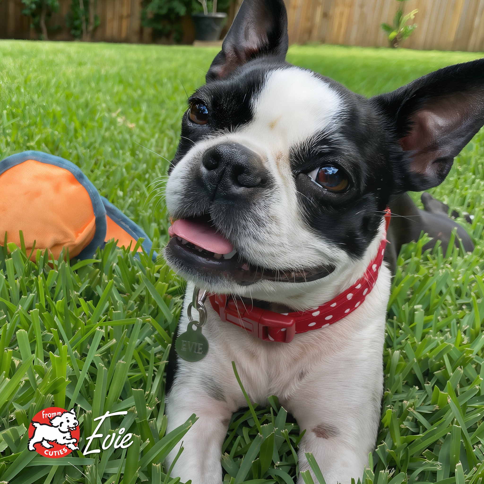 Black and white dog Evie with a red polka-dot collar lying in the grass beside an orange toy, from the Fromm Cuties gallery