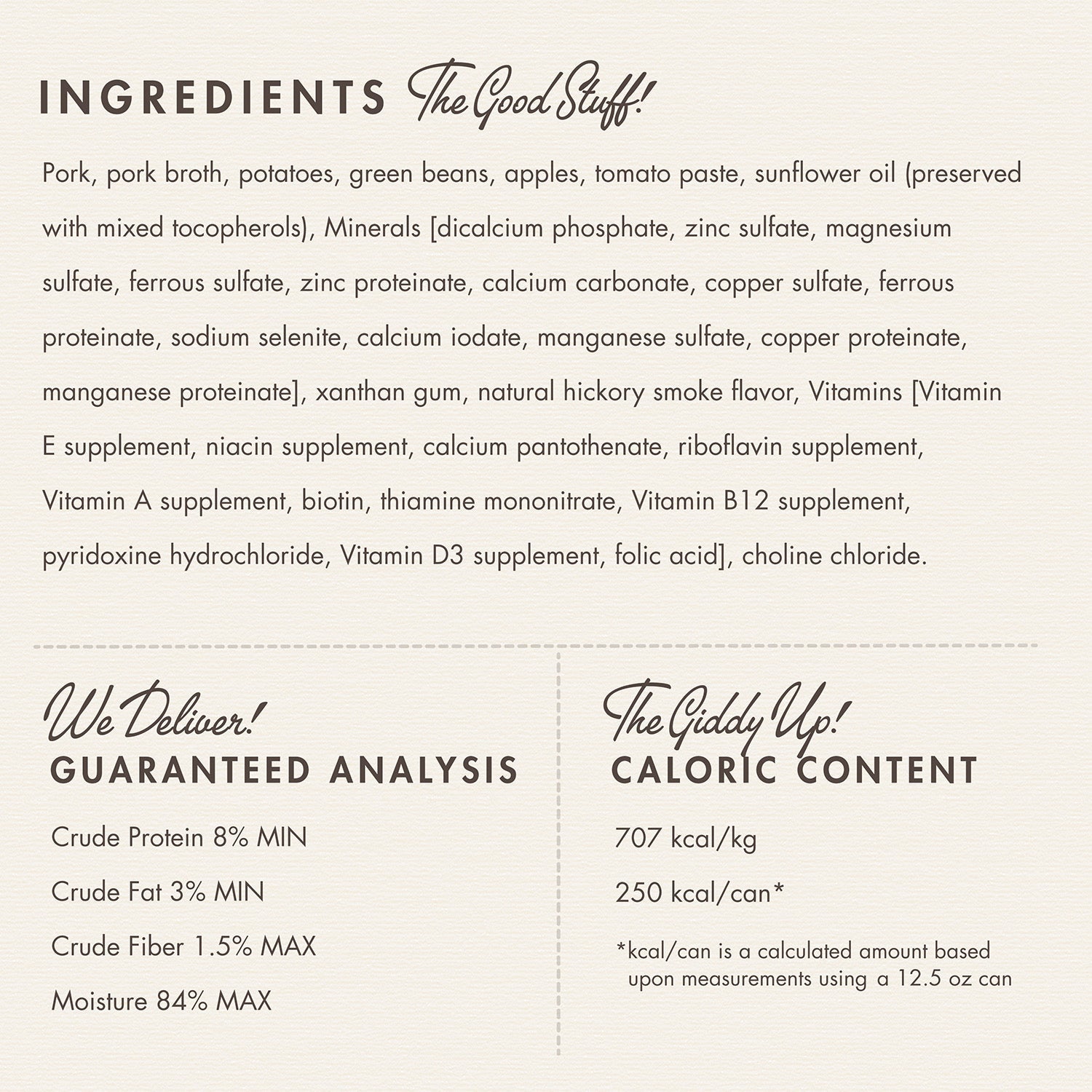 Fromm Diner Specials Slow-Cooked Pulled Pork ingredients panel with guaranteed analysis and caloric content