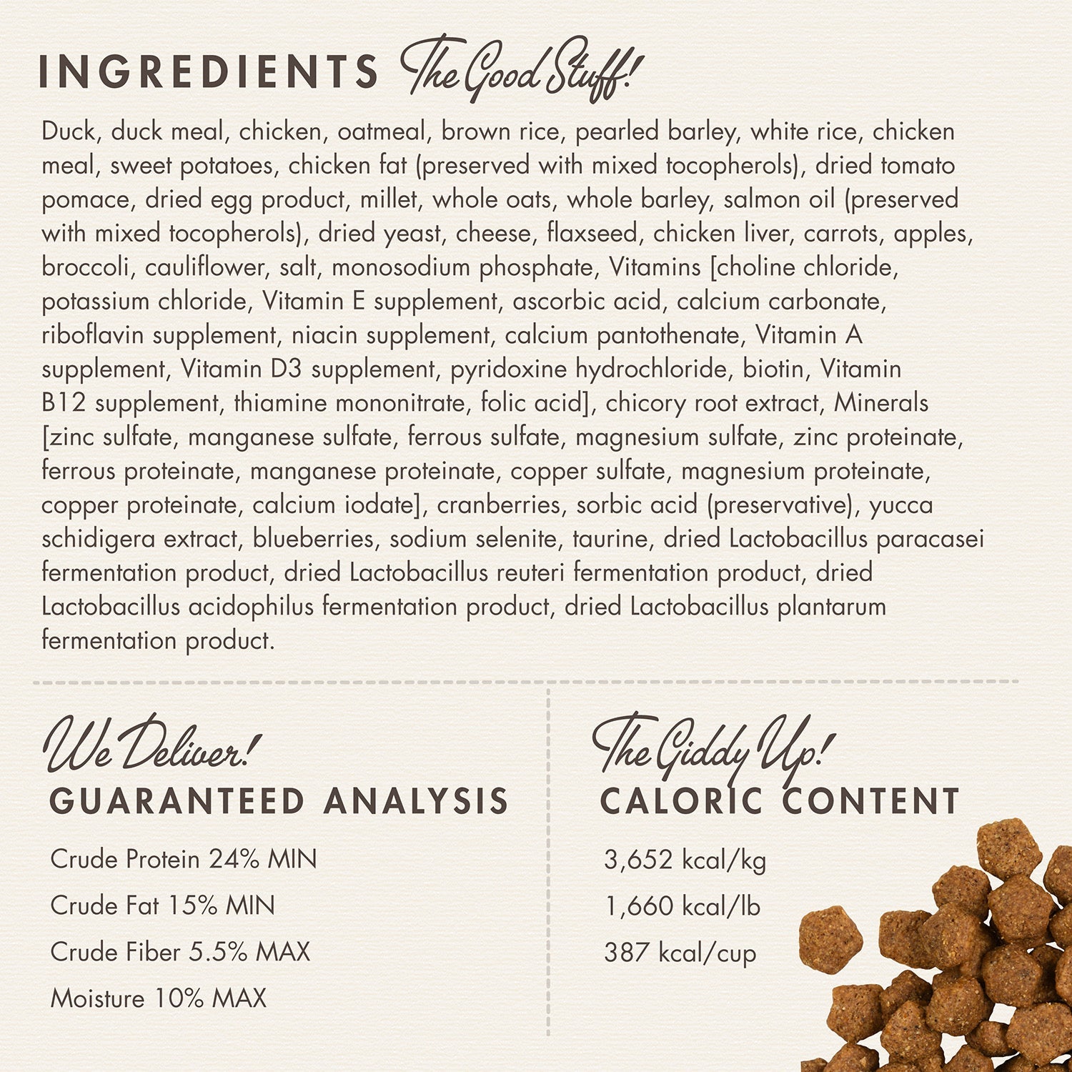 Fromm Duck A La Veg ingredients panel with guaranteed analysis and caloric content