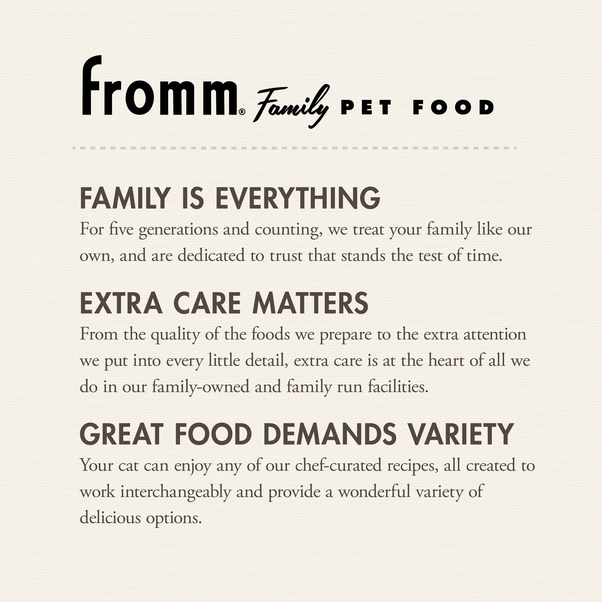 Fromm Family Pet Food story: five generations of family owned pet food making, with chef-curated recipes your cat can rotate freely