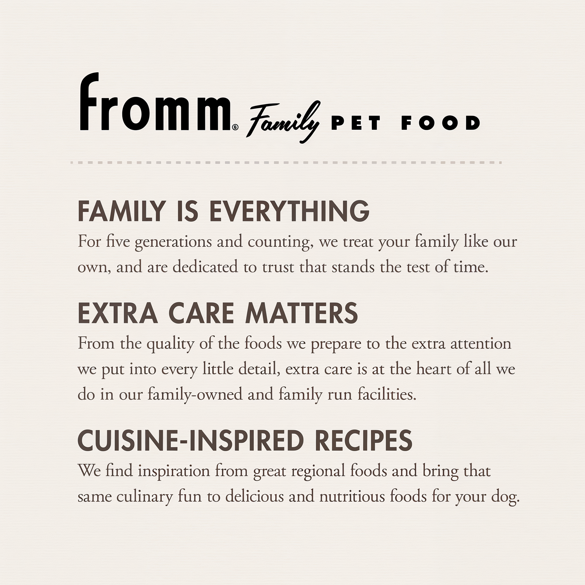 The Fromm Family Pet Food story: family is everything, extra care matters, cuisine-inspired recipes
