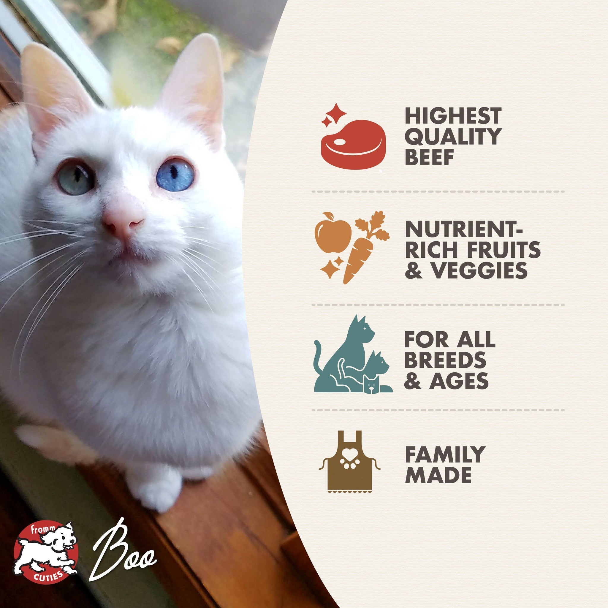 Fromm Cuties cat Boo with Fromm Four-Star Beef Liváttini Veg benefits: highest quality beef, nutrient-rich fruits and veggies, for all breeds and ages, family made