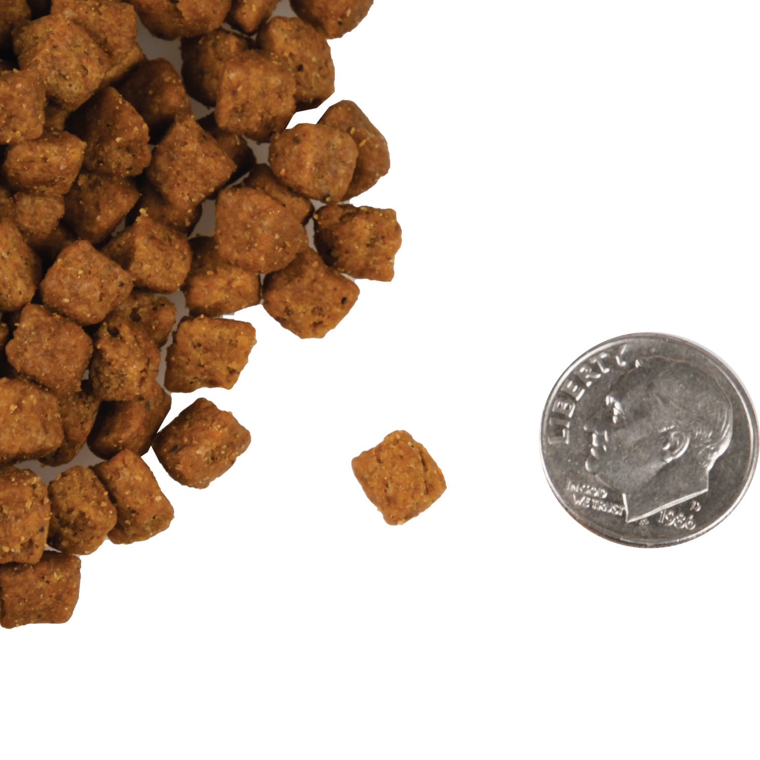 A small pile of cube-shaped Fromm Four-Star Beef Liváttini Veg kibble next to a dime for scale