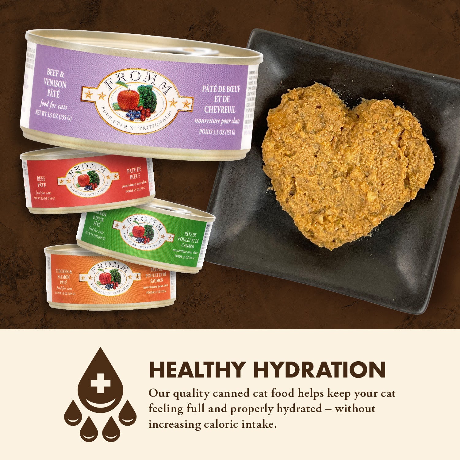 Healthy hydration: Fromm Four-Star Beef & Venison Pâté can atop a stack of Four-Star canned cat food flavors beside a heart-shaped pâté serving