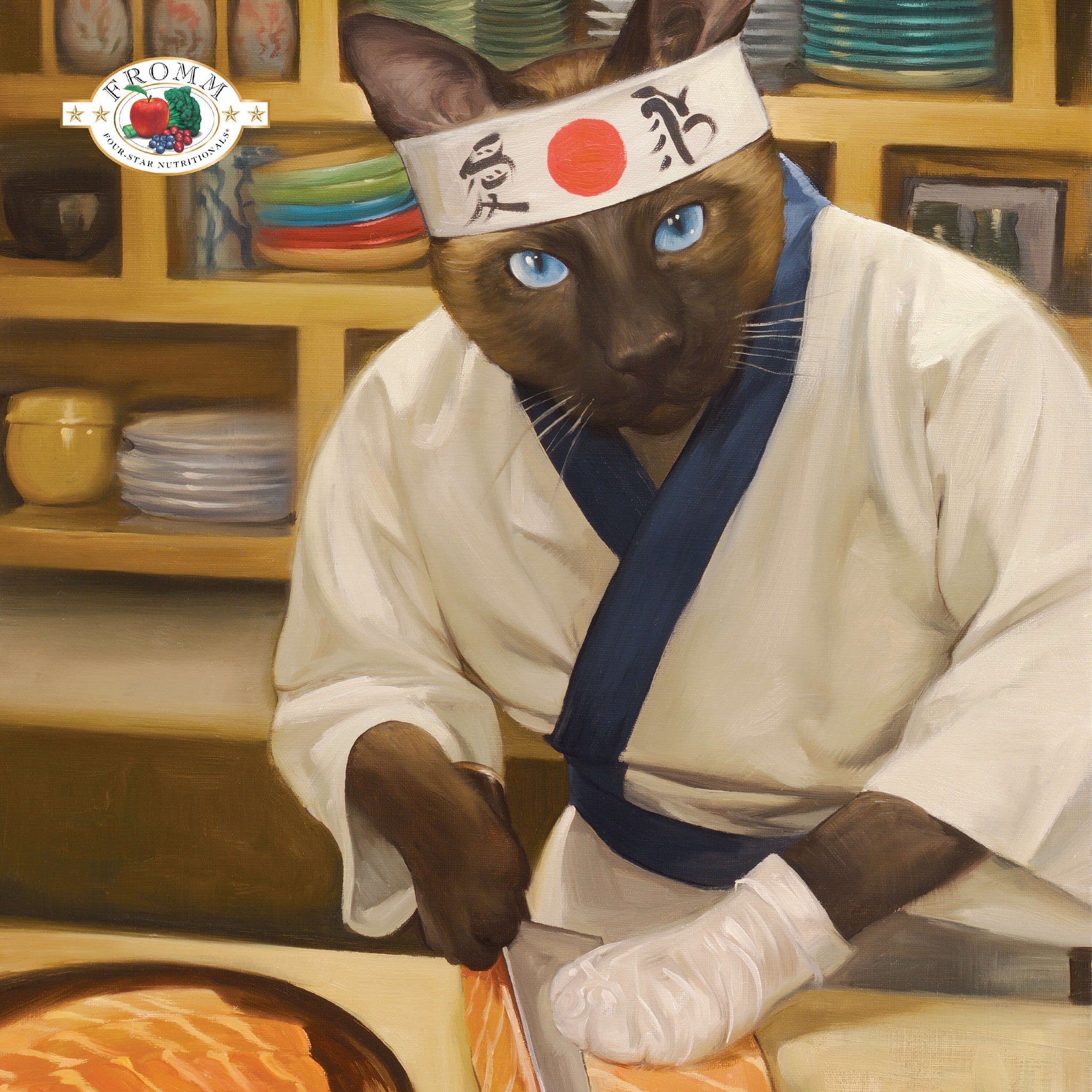 Whimsical Fromm oil painting portrait of cat Kato dressed as a sushi chef slicing salmon