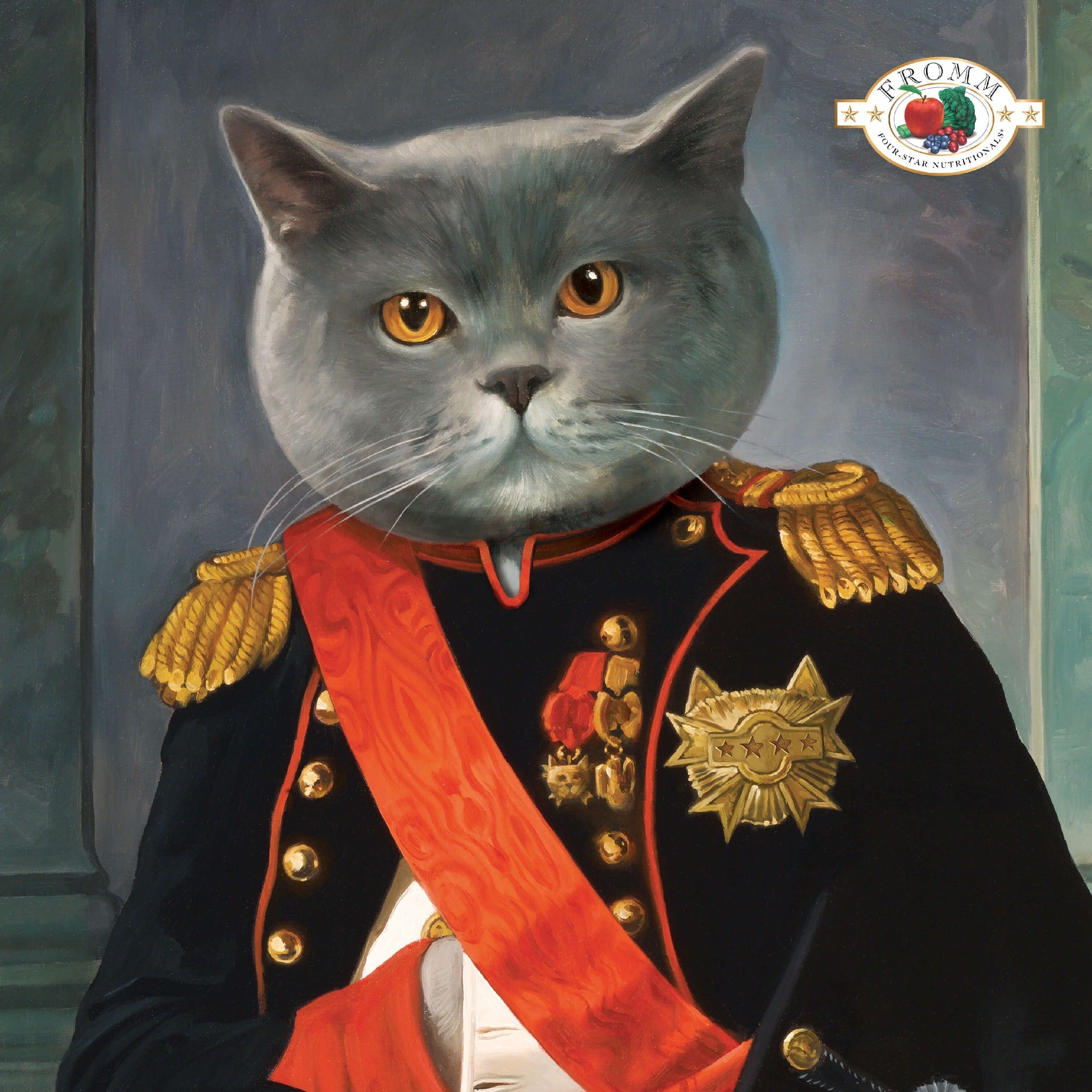 Whimsical Fromm oil painting of a cat in a Napoleonic military uniform