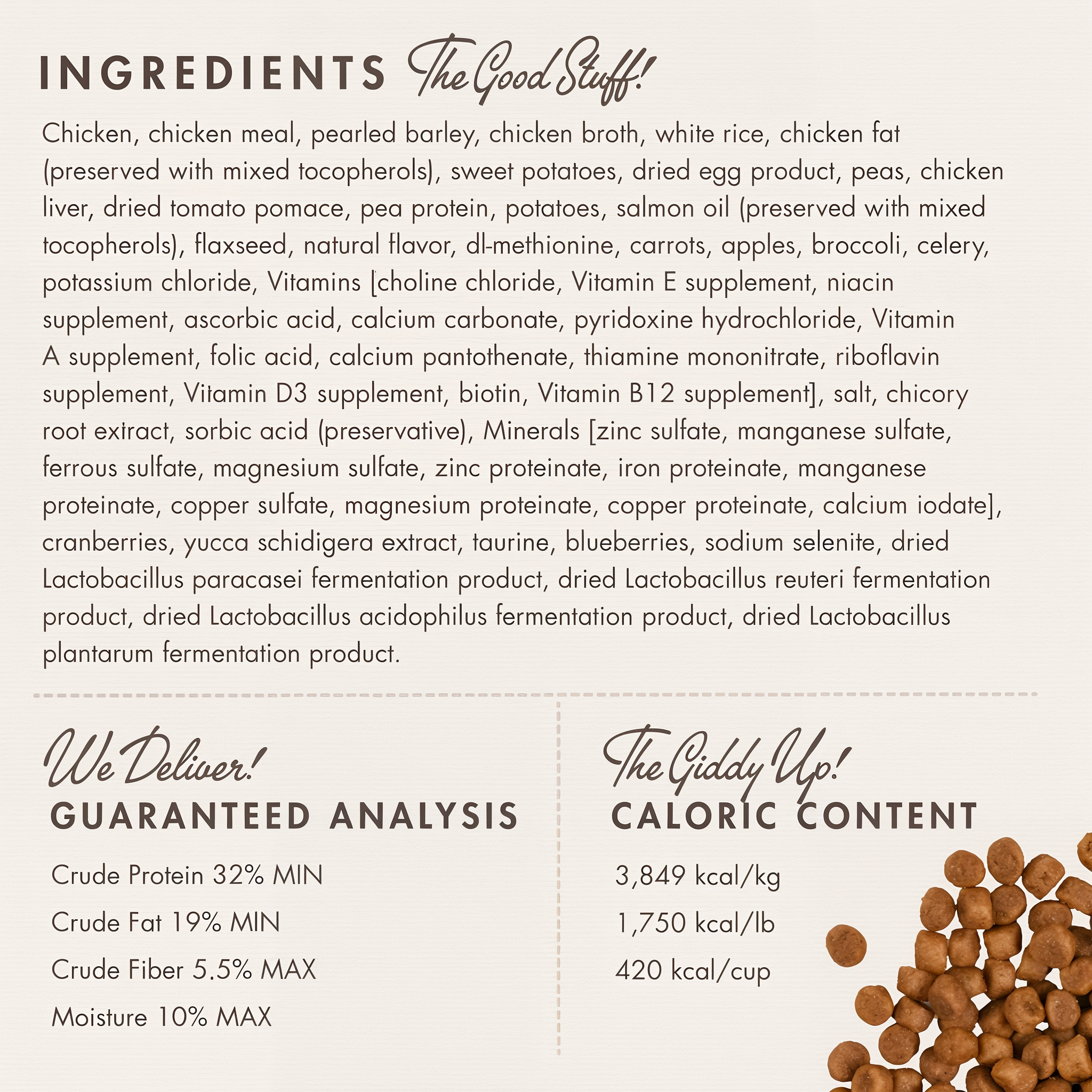 Fromm Four-Star Chicken À La Veg ingredients panel with guaranteed analysis and caloric content