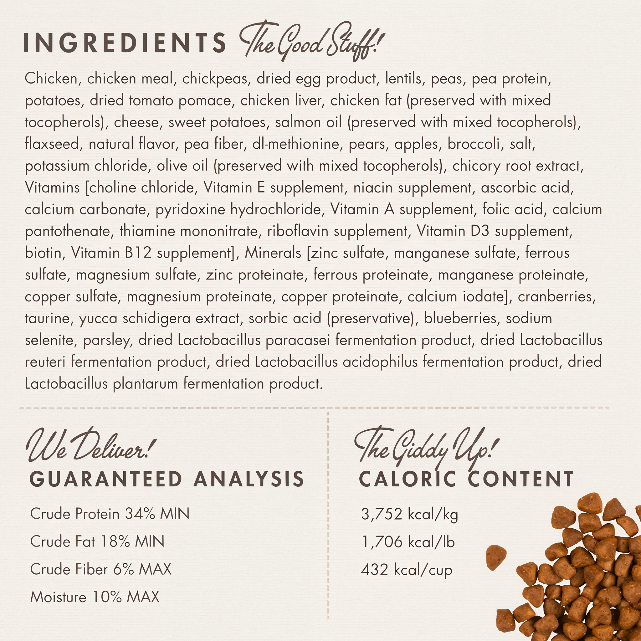 Fromm Four-Star Chicken Au Frommage ingredients panel with guaranteed analysis and caloric content