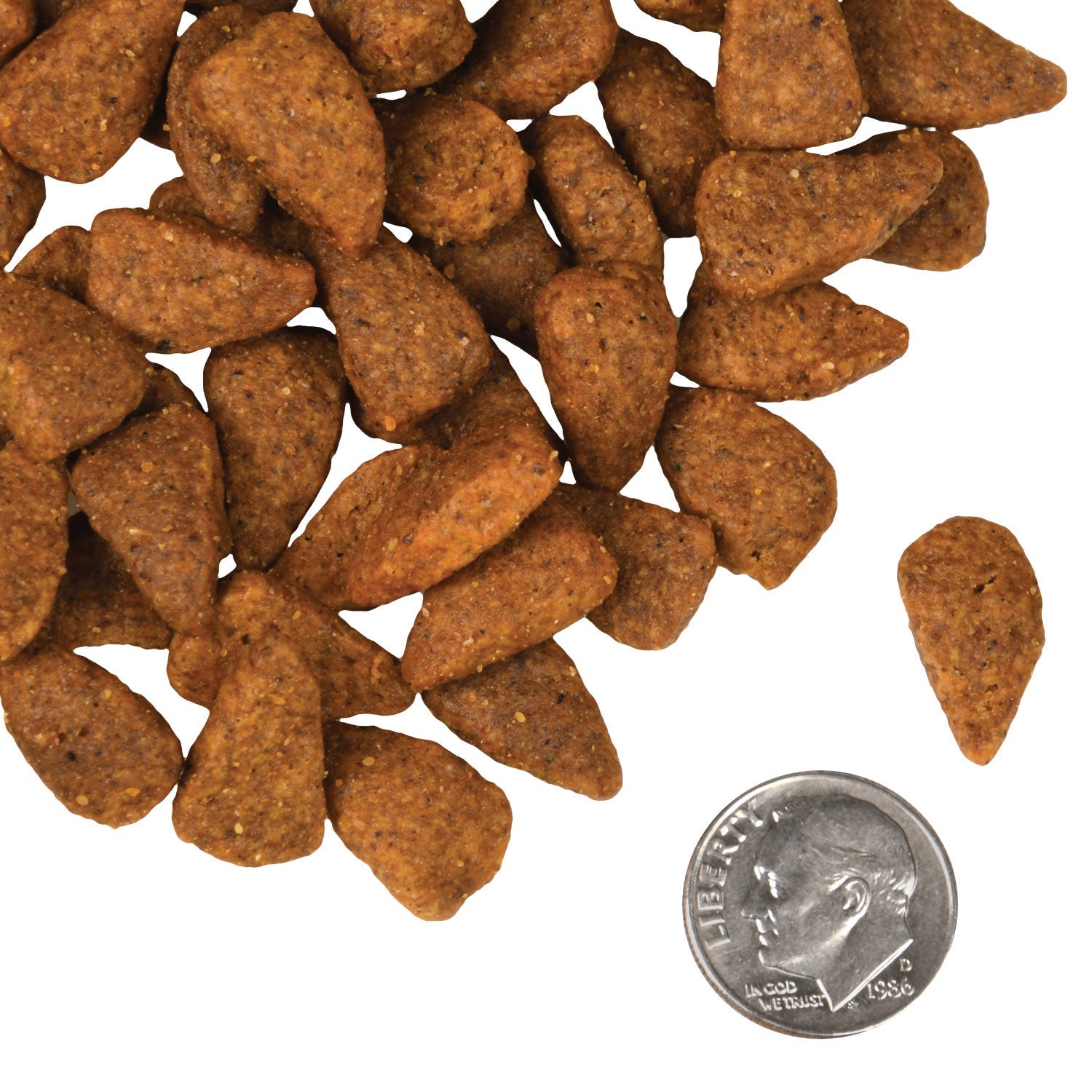 A small pile of Fromm Chicken Au Frommage kibble next to a dime for scale