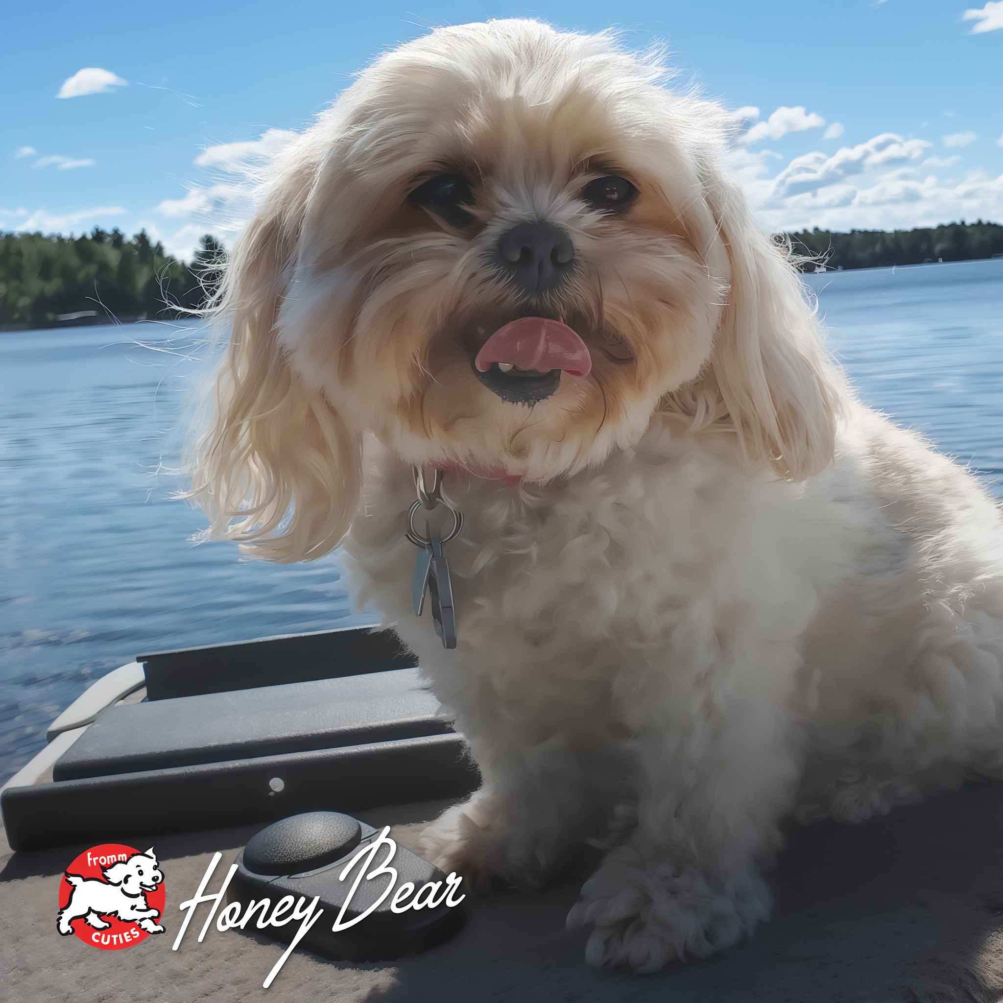 Fluffy cream-colored dog Honey Bear on a boat by a lake, from the Fromm Cuties gallery