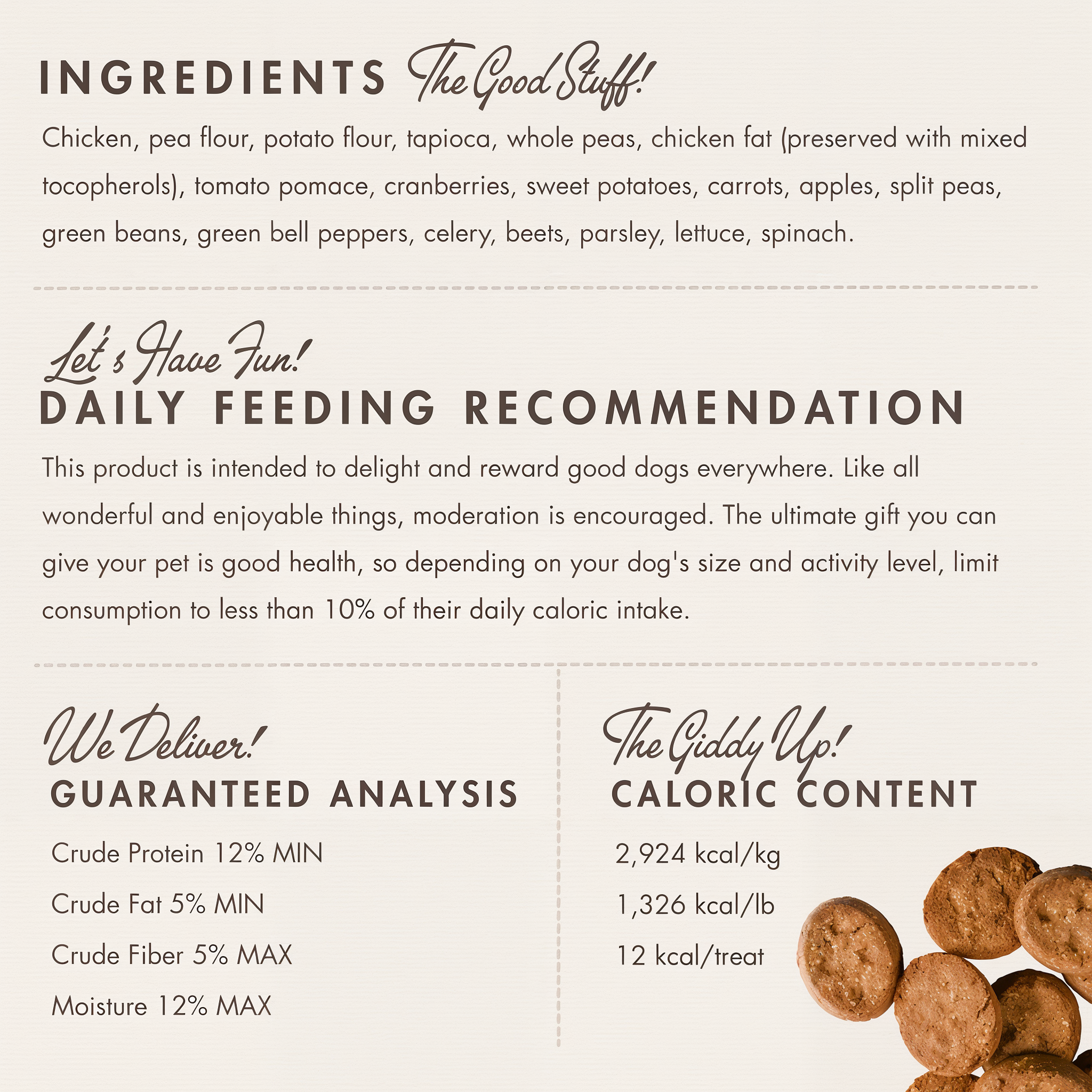 Fromm Four-Star Chicken with Peas and Carrots treats ingredients panel with daily feeding recommendation, guaranteed analysis, and caloric content