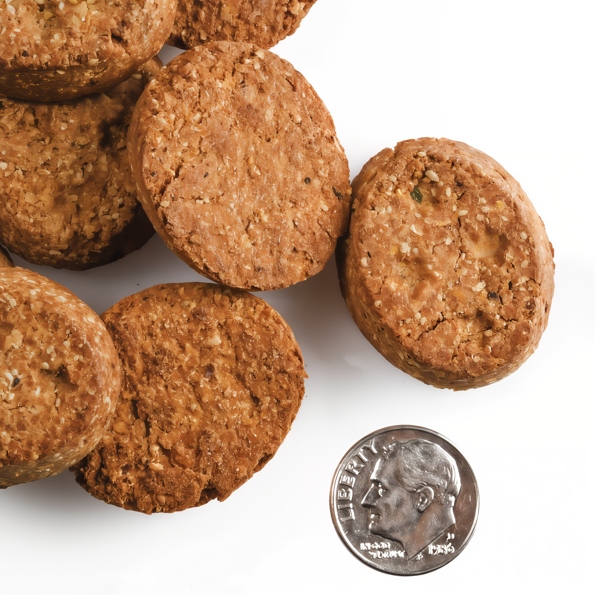 Oven-baked Fromm Four-Star Chicken with Peas and Carrots treats shown with a dime for scale