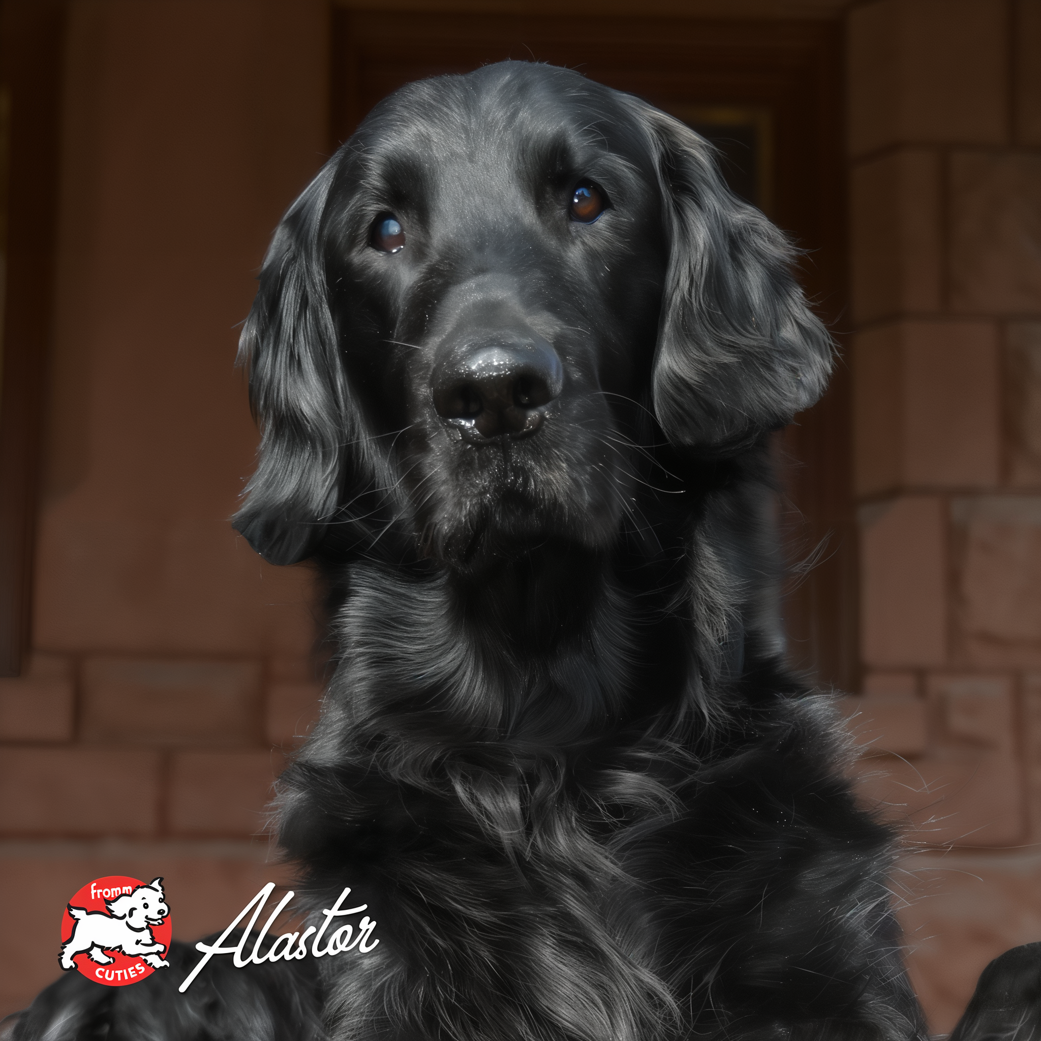 Black retriever Alastor on the front steps, from the Fromm Cuties gallery