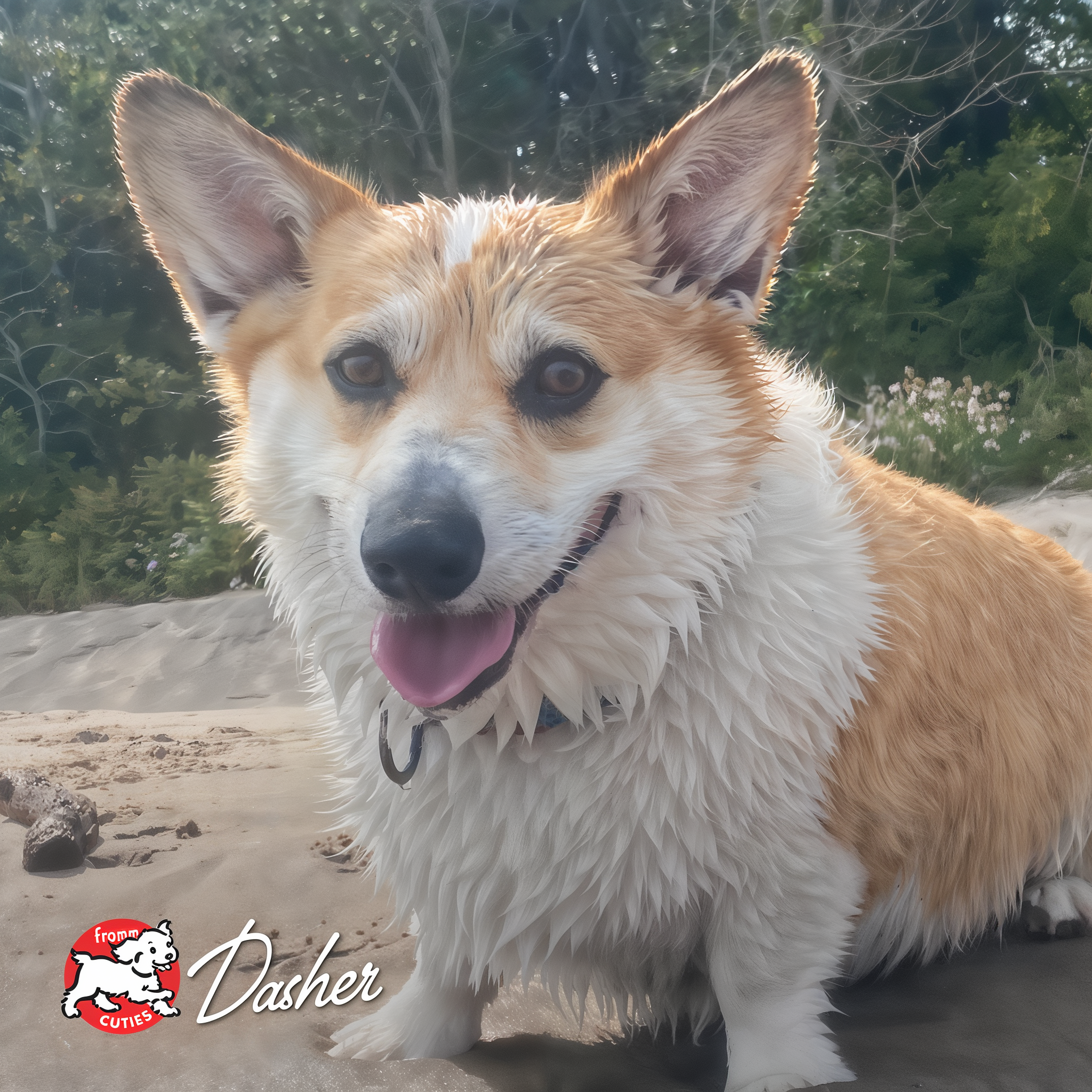 Wet corgi Dasher smiling on the beach, from the Fromm Cuties gallery
