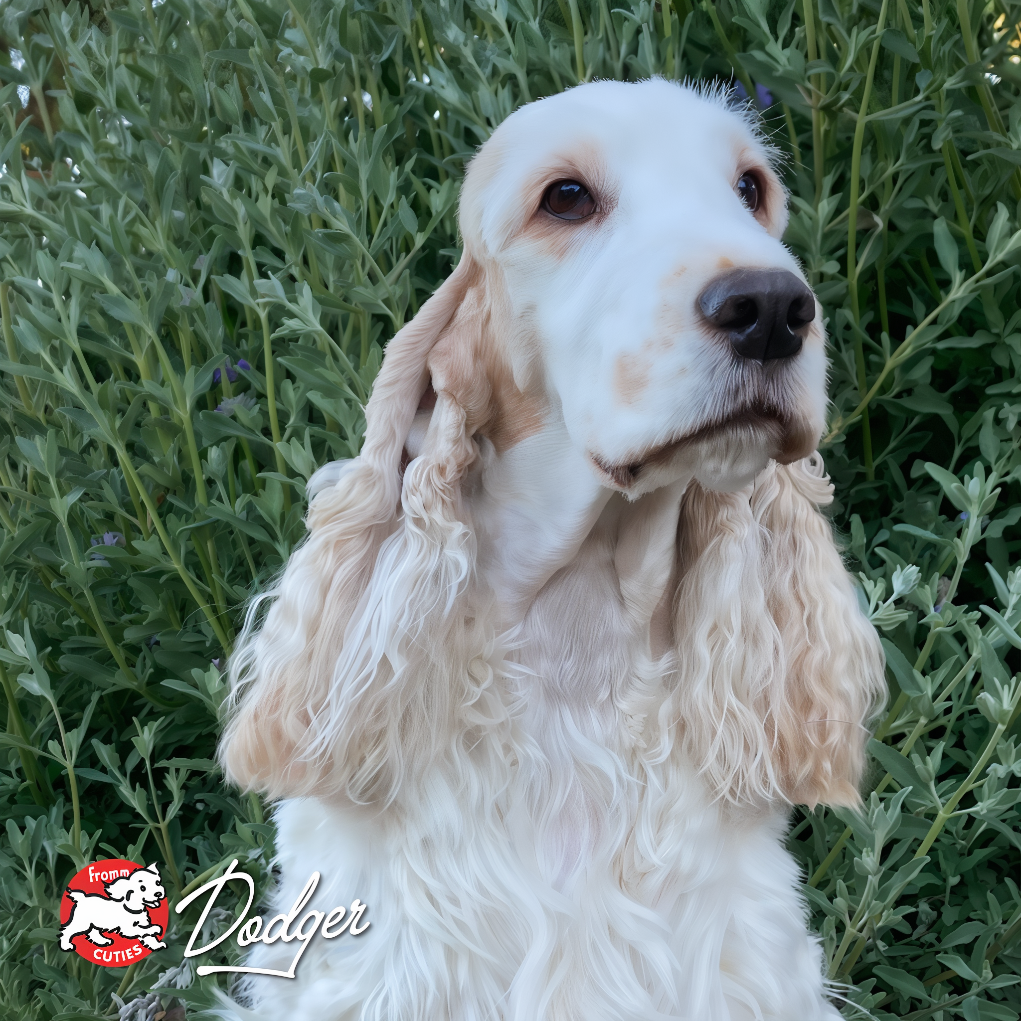 Cocker spaniel Dodger in the garden, from the Fromm Cuties gallery