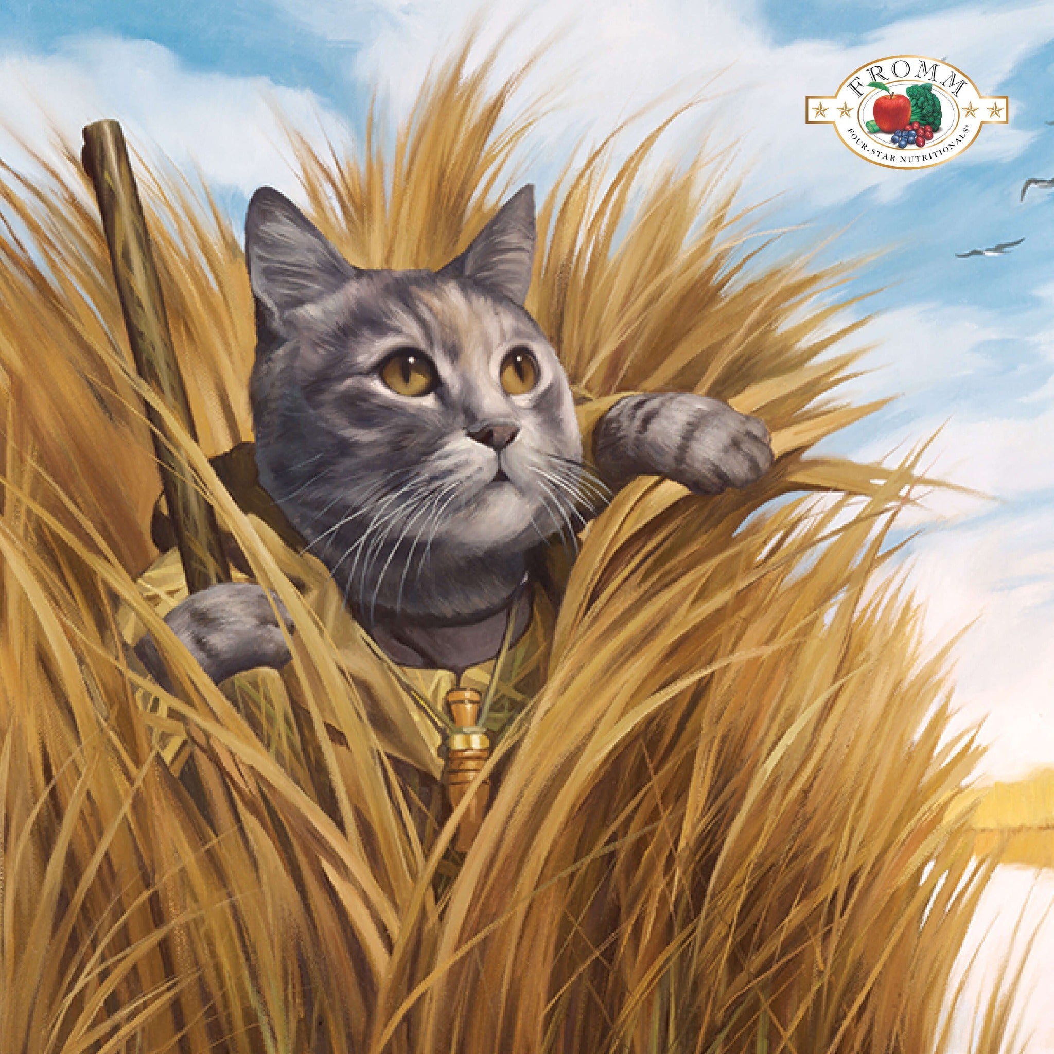 Whimsical Fromm oil painting portrait of a cat peering out from tall marsh grass with a duck call around its neck
