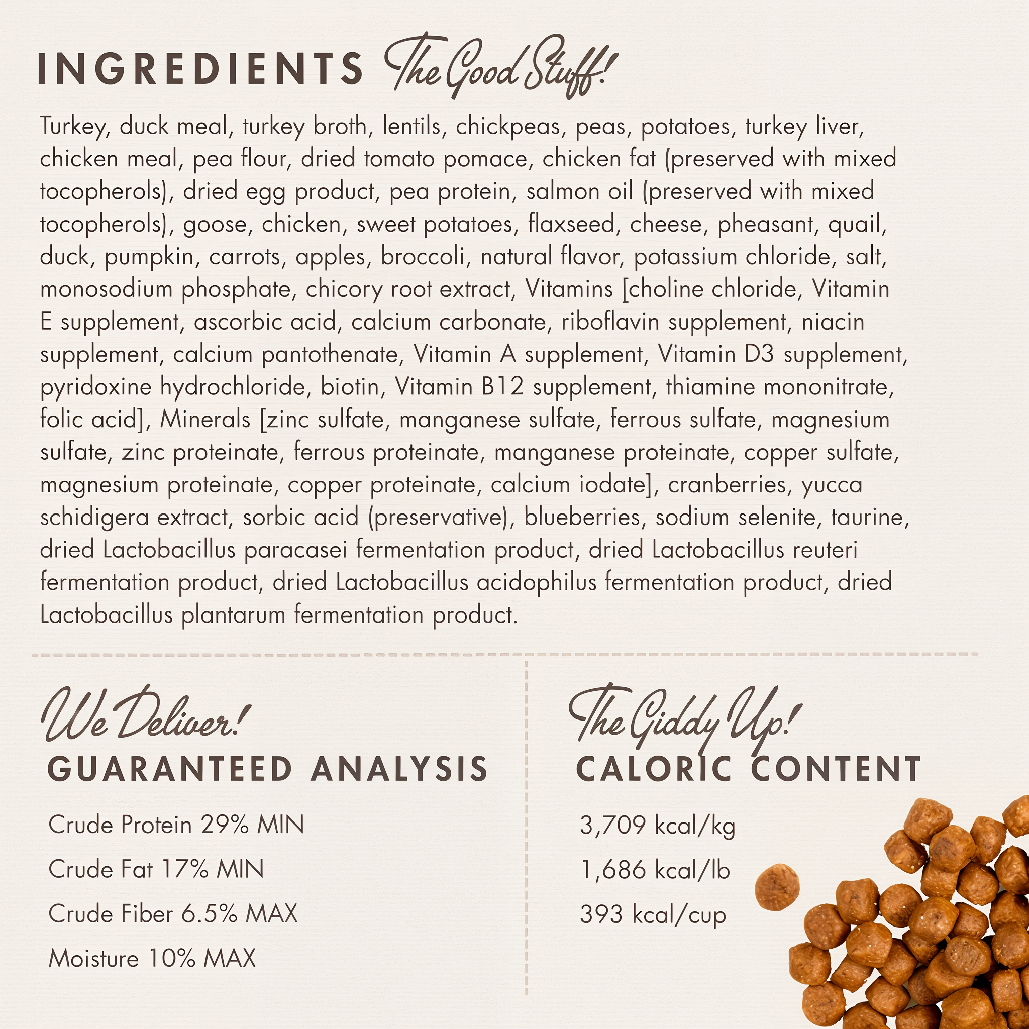 Fromm Game Bird Recipe ingredients panel with guaranteed analysis and caloric content