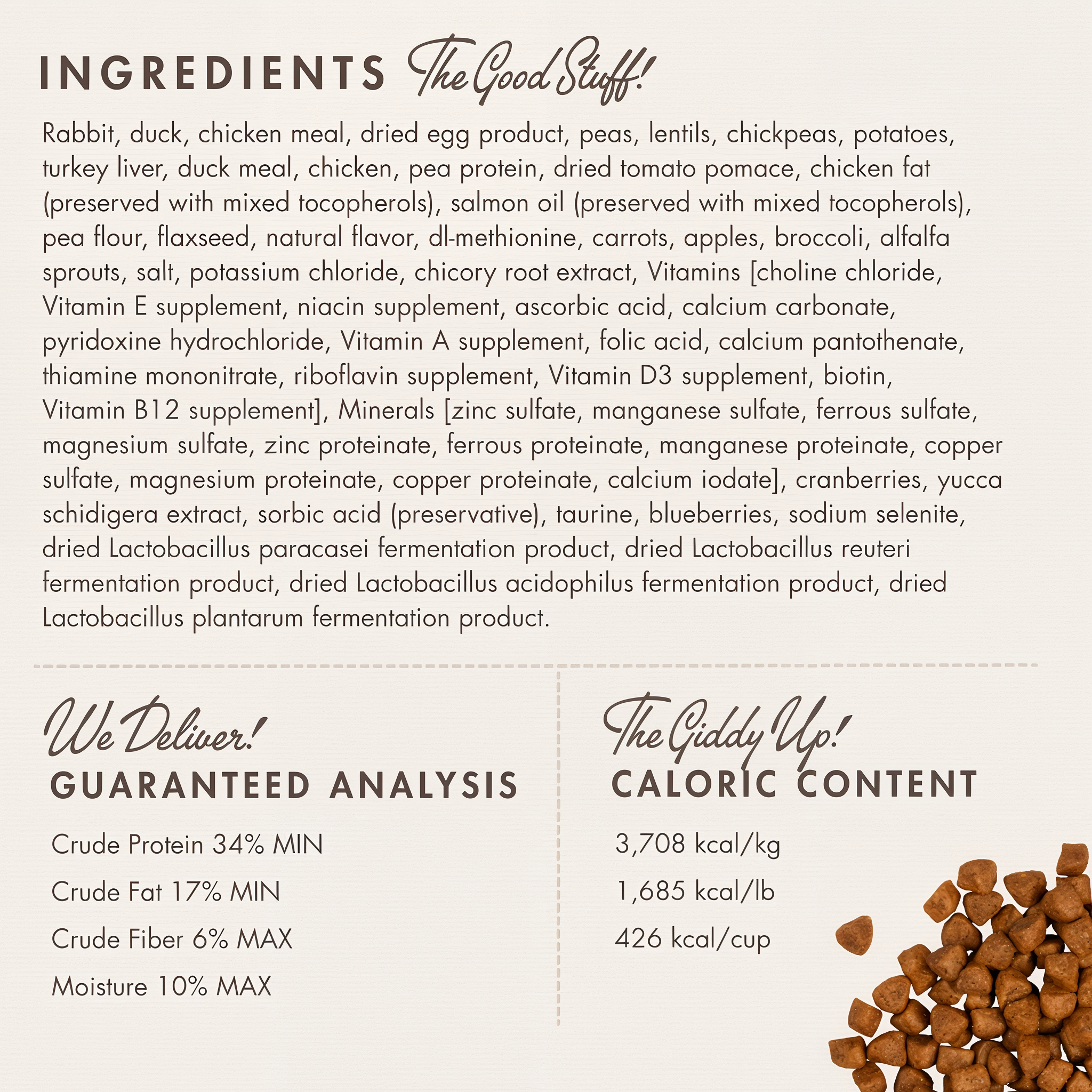 Fromm Four-Star Hasen Duckenpfeffer cat food ingredients panel with guaranteed analysis and caloric content