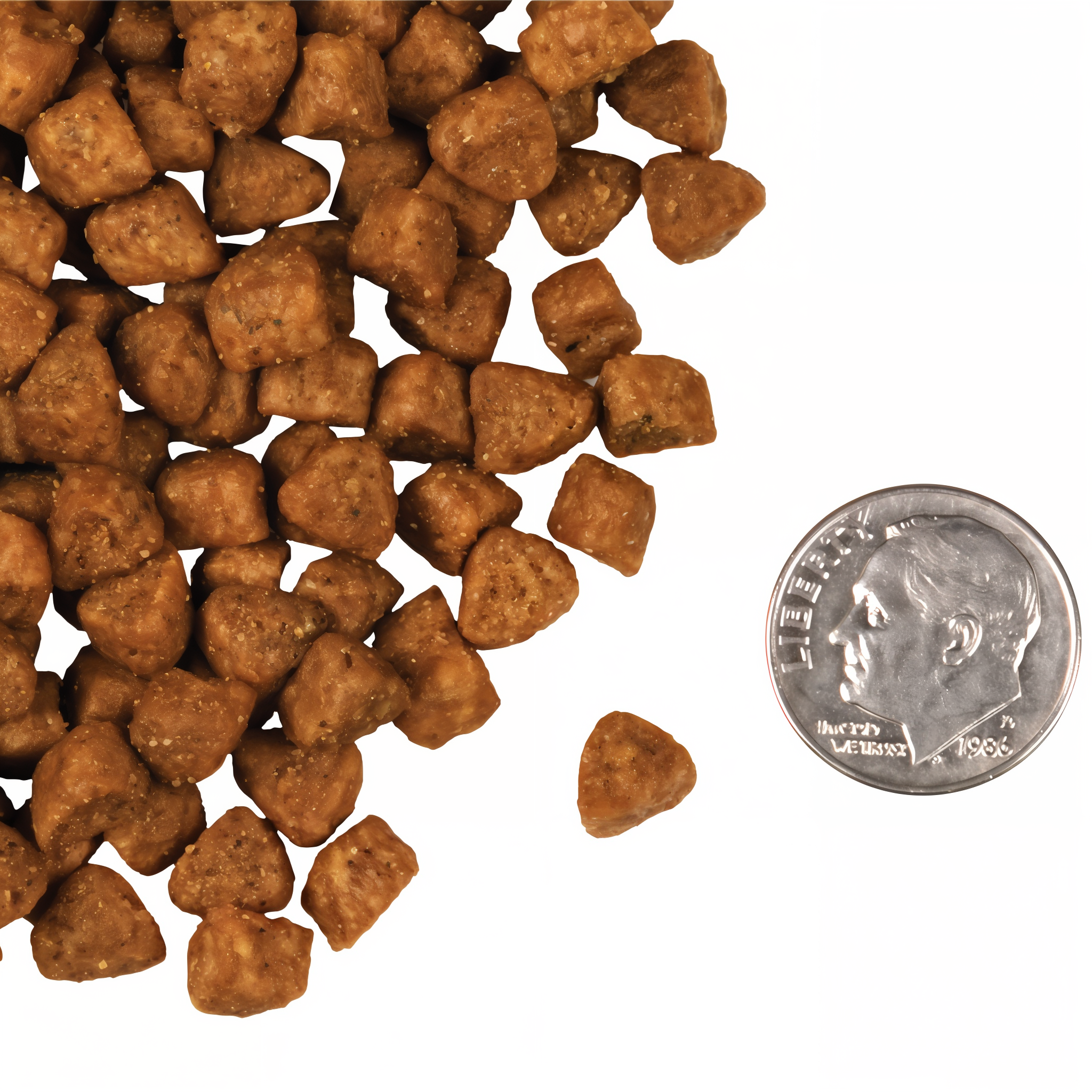A small pile of Fromm Four-Star Hasen Duckenpfeffer cat kibble next to a dime for scale