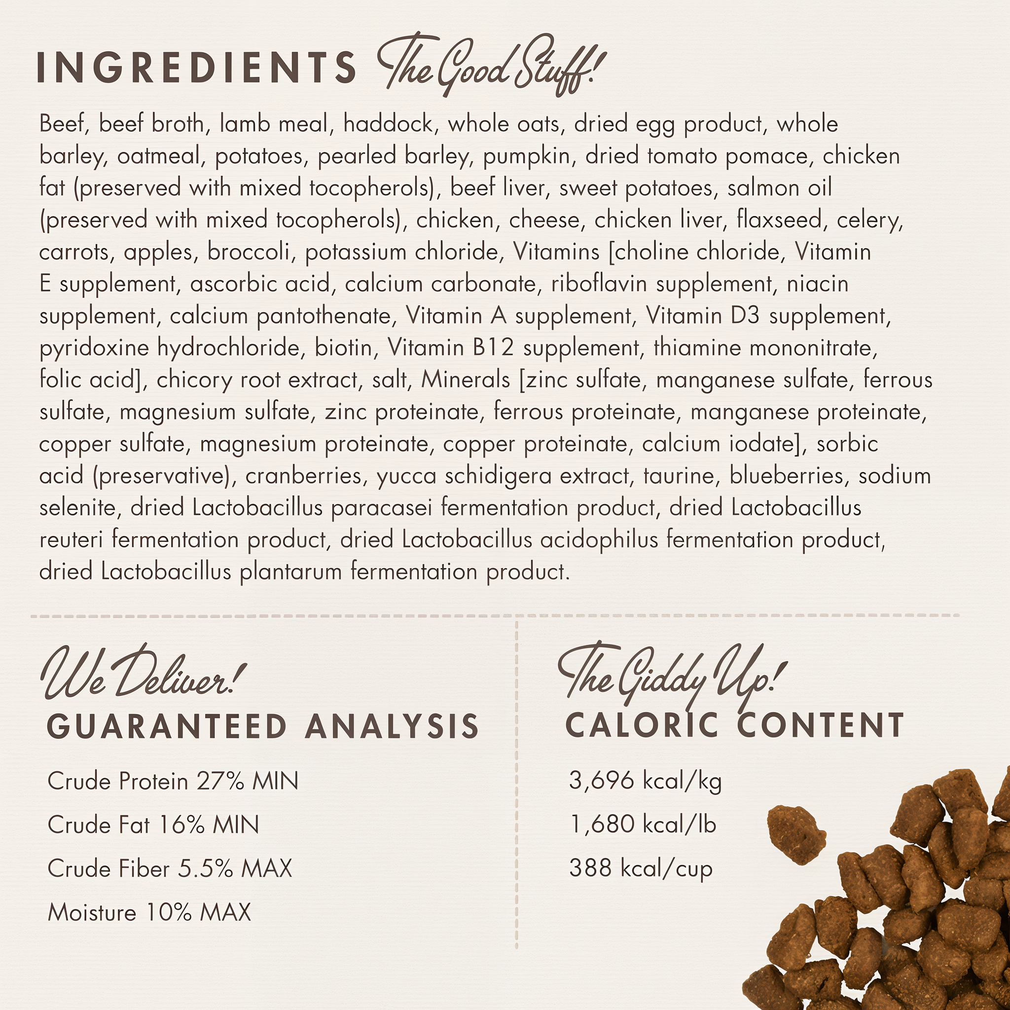 Fromm Four-Star Highlander Beef ingredients panel with guaranteed analysis and caloric content