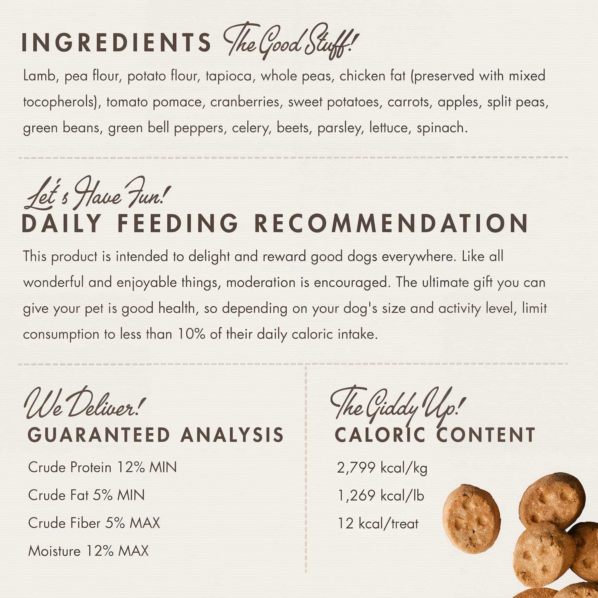 Fromm Four-Star Lamb with Cranberry treats ingredients panel with daily feeding recommendation, guaranteed analysis, and caloric content