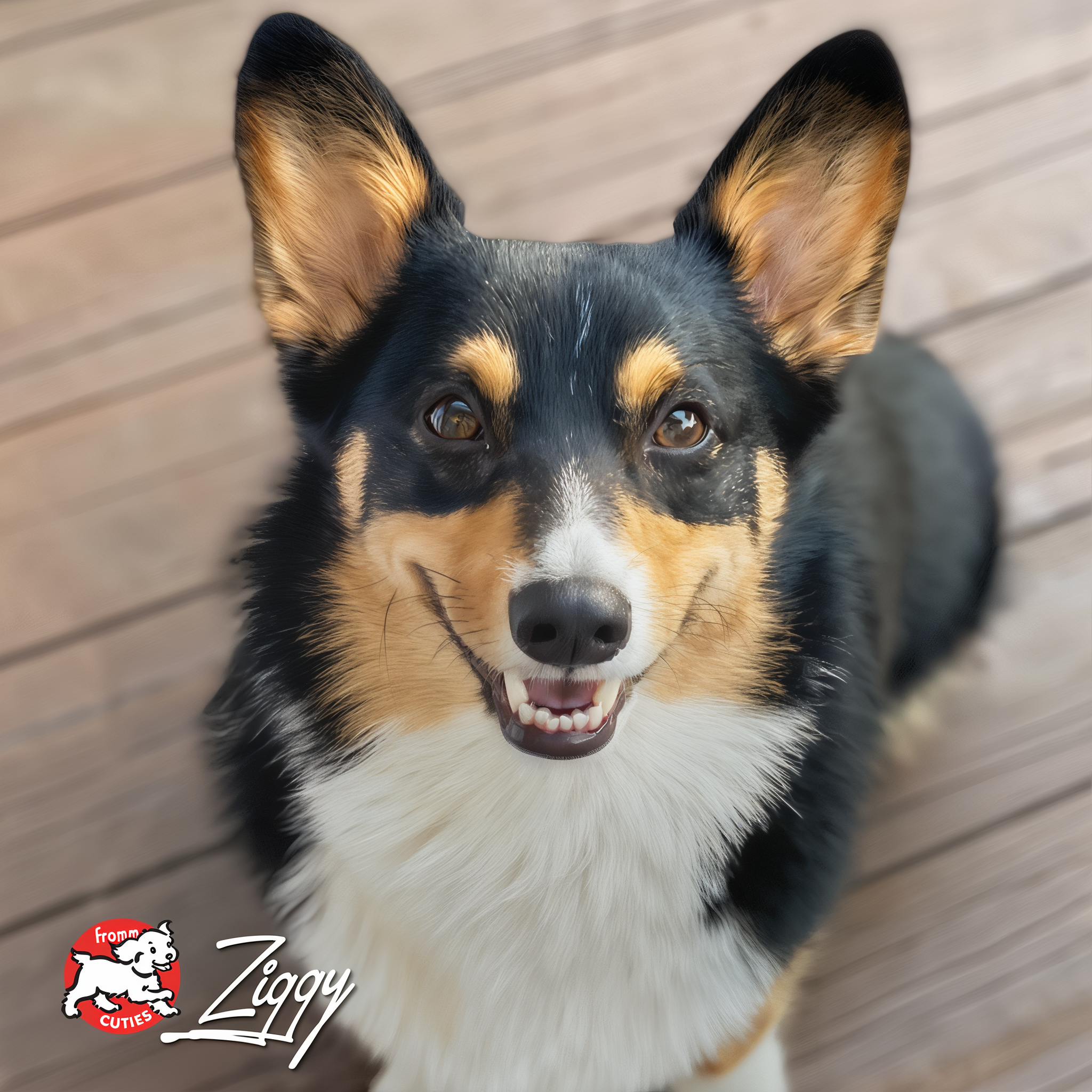 Dog named Ziggy looking up from a wooden deck, from the Fromm Cuties gallery