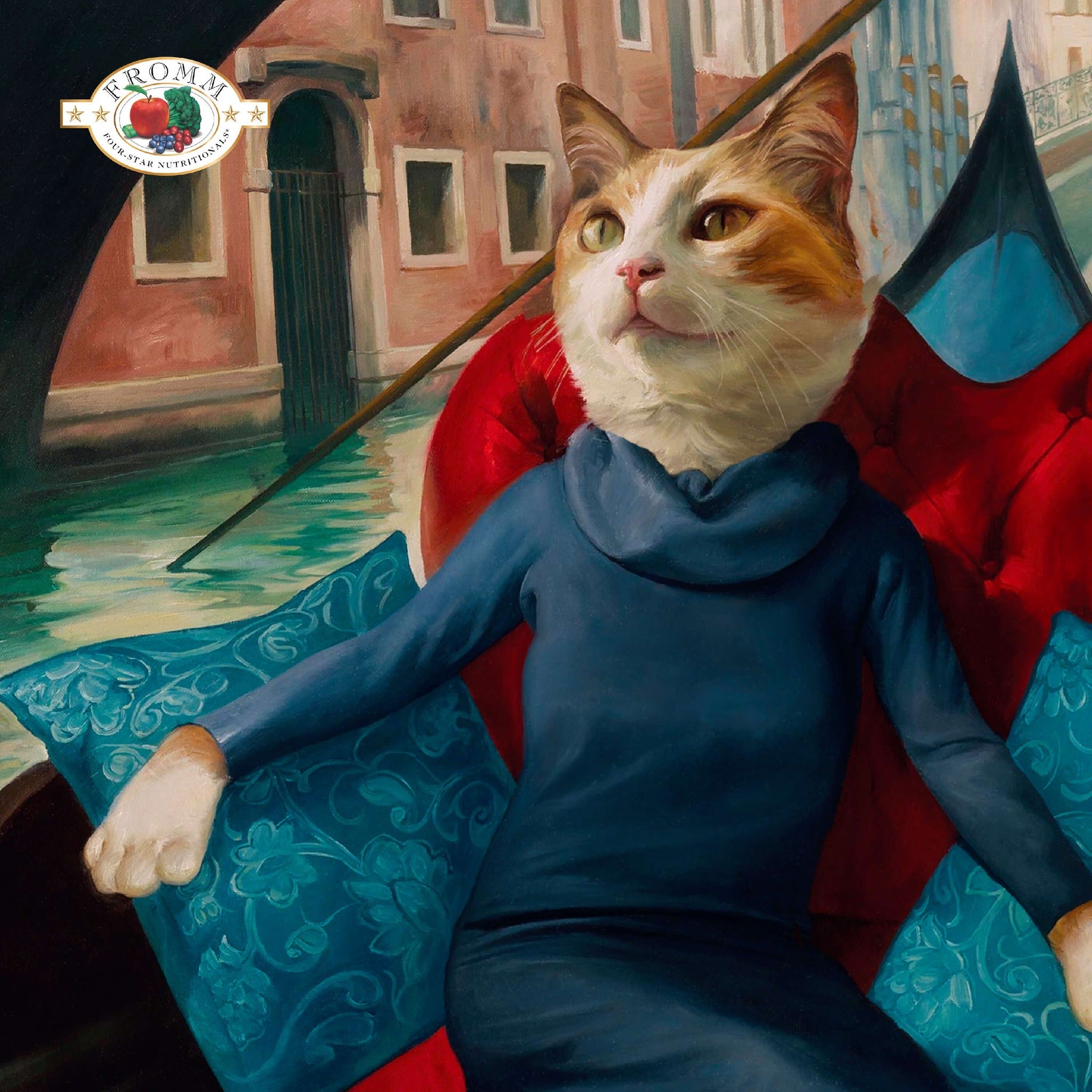 Fromm Four-Star painted portrait of an orange-and-white cat in a blue dress riding a Venetian gondola