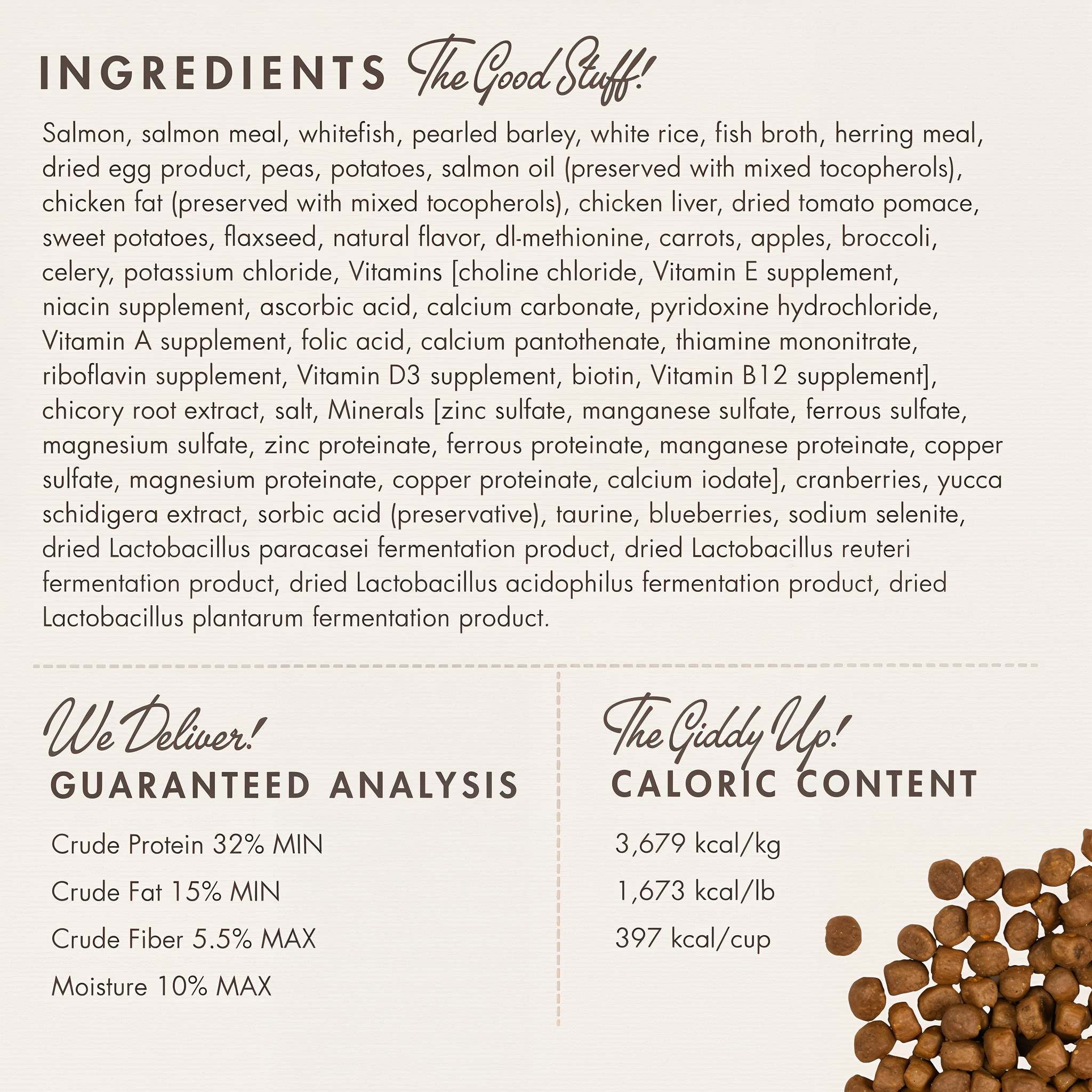 Fromm Four-Star Salmon À La Veg ingredients panel with guaranteed analysis and caloric content