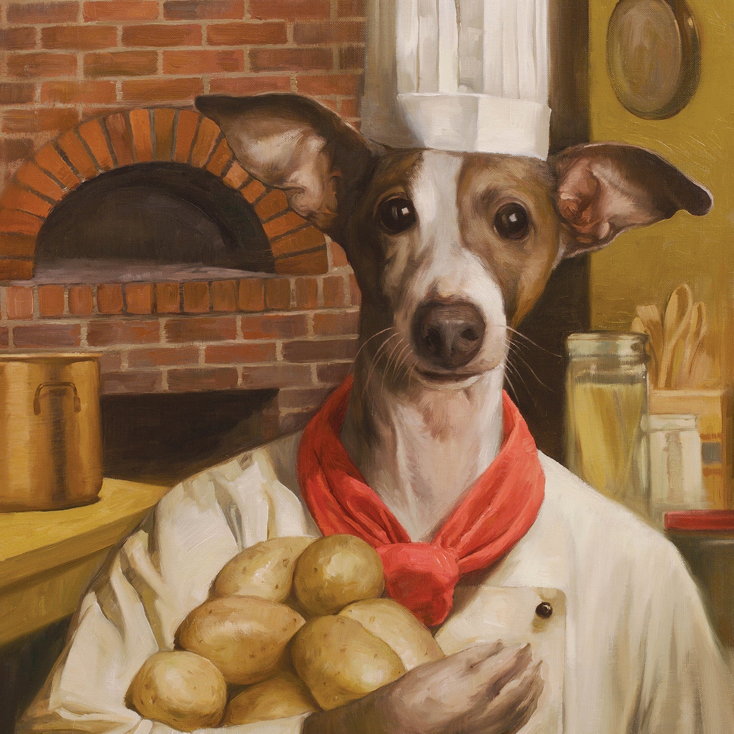 Fromm brand oil painting of a brown-and-white dog dressed as a chef holding potatoes by a brick oven