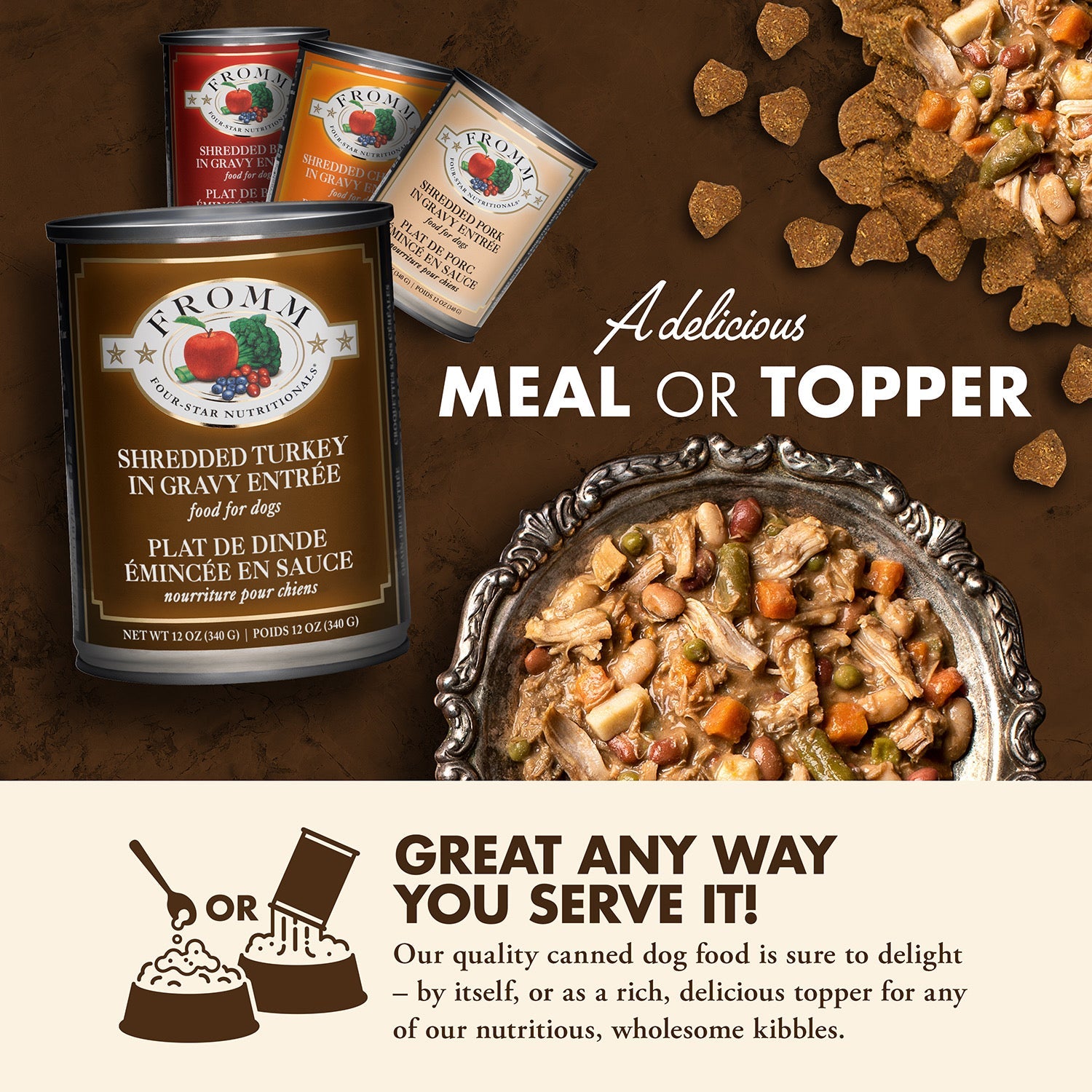 Fromm Four-Star Shredded Turkey in Gravy Entrée served as a delicious meal or as a topper over kibble