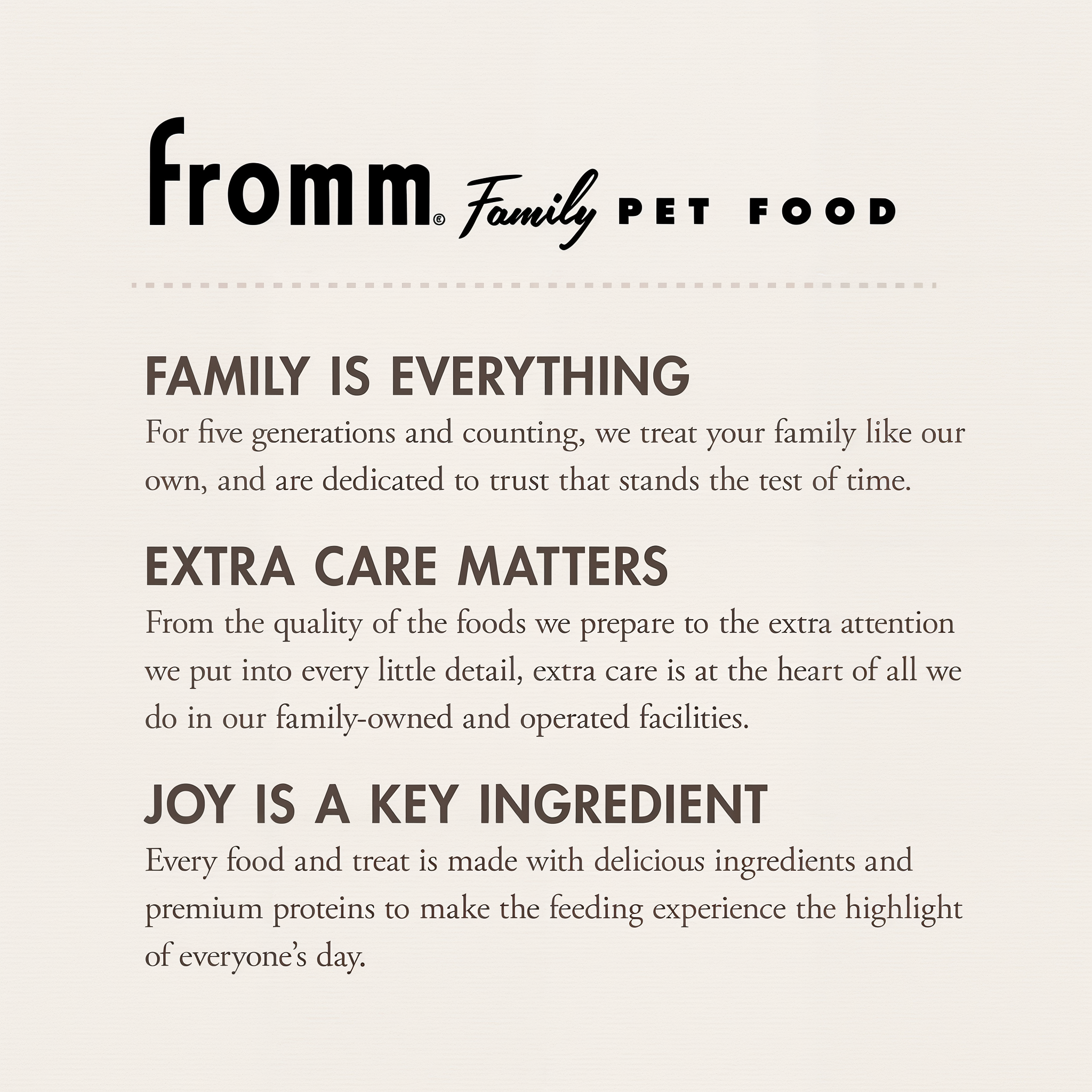 The Fromm Family Pet Food story: family is everything, extra care matters, joy is a key ingredient