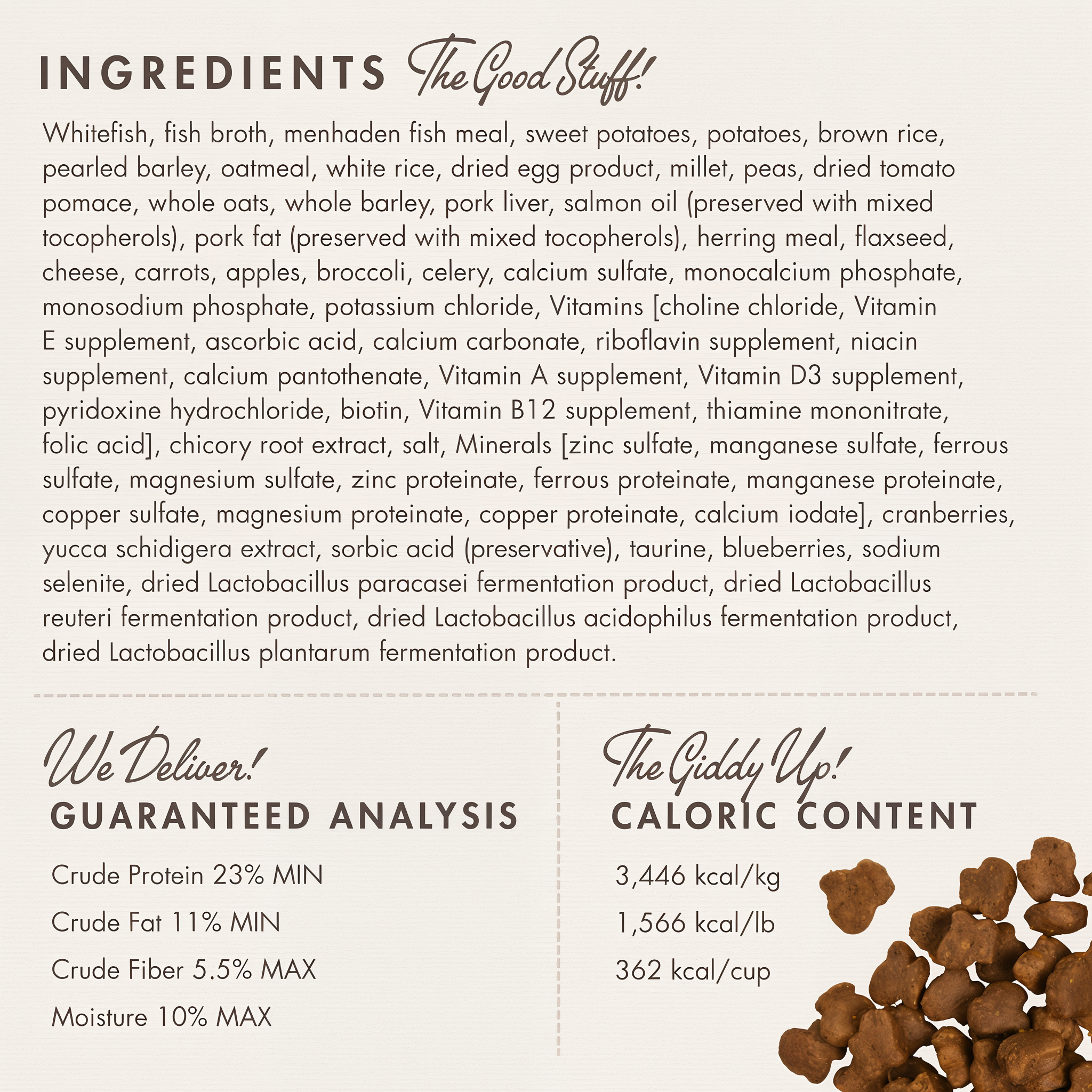 Fromm Four-Star Whitefish and Potato ingredients panel with guaranteed analysis and caloric content