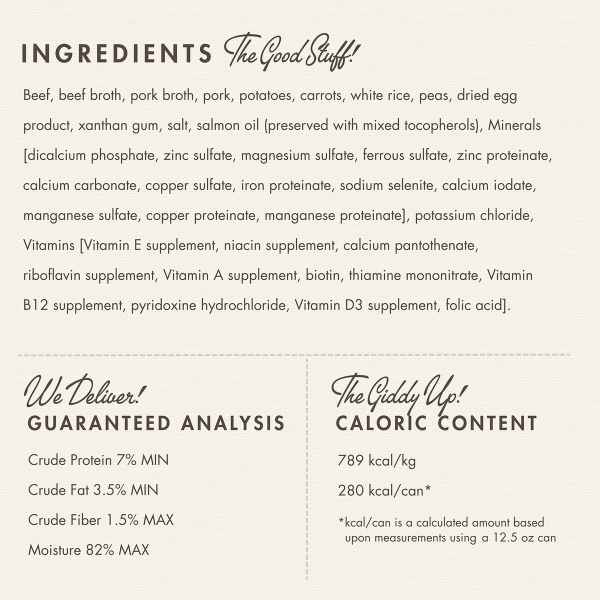 Fromm Frommbalaya Beef, Vegetable, & Rice Stew Wet Dog Food -- ingredients panel with guaranteed analysis and caloric content