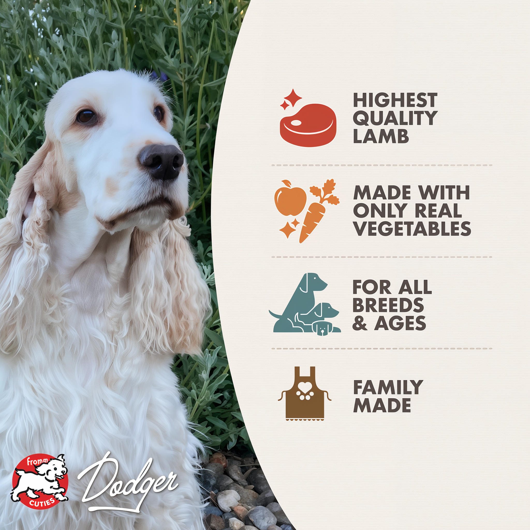Fromm Cuties dog Dodger with Frommbalaya benefits: highest quality lamb, only real vegetables, for all breeds and ages, family made