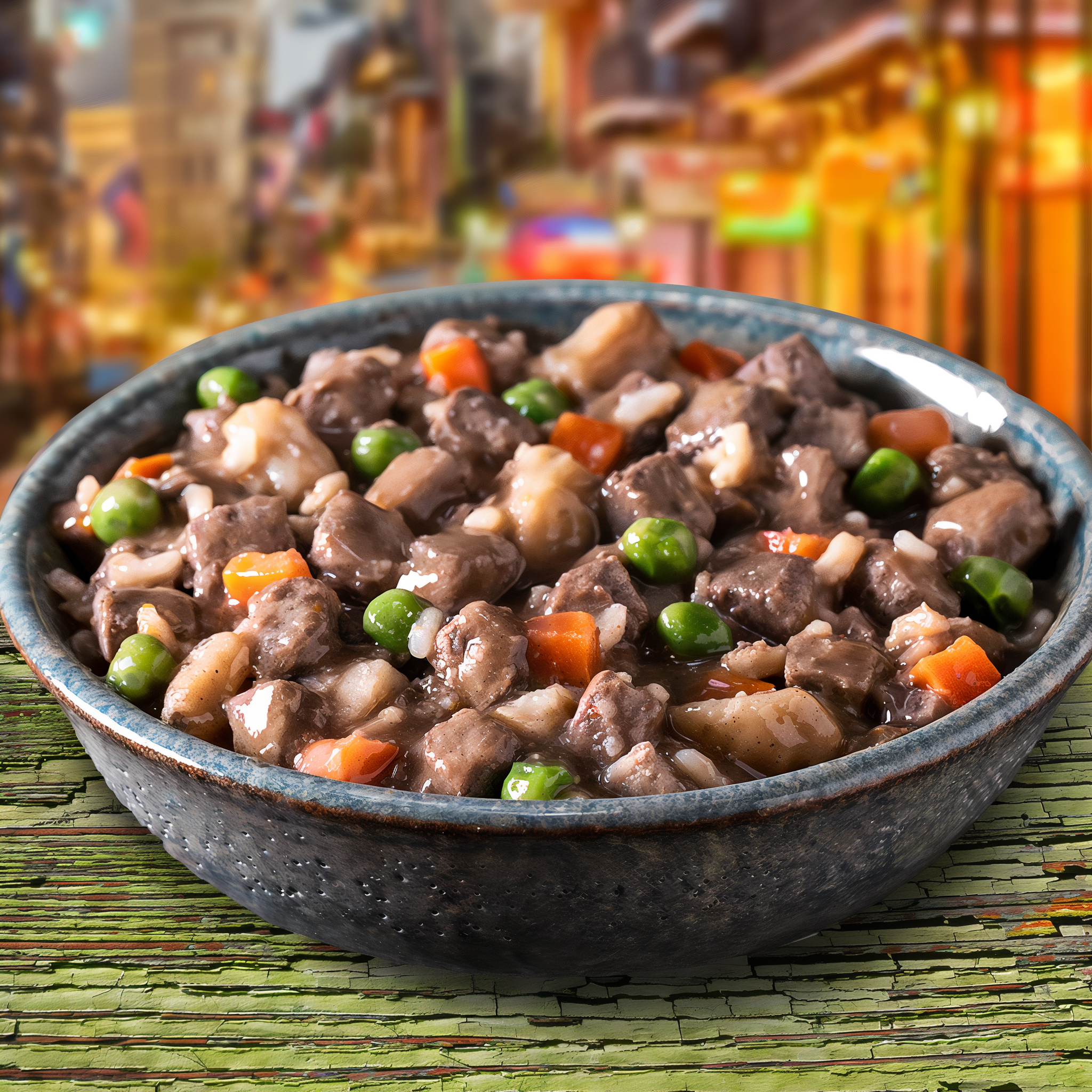 A bowl of Fromm Frommbalaya lamb stew with rice, carrots, and peas before a colorful New Orleans street scene