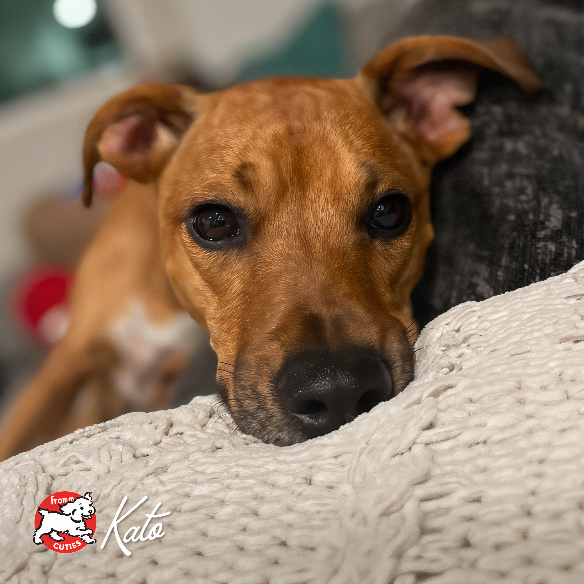 Tan dog Kato resting its head on a white blanket, from the Fromm Cuties gallery