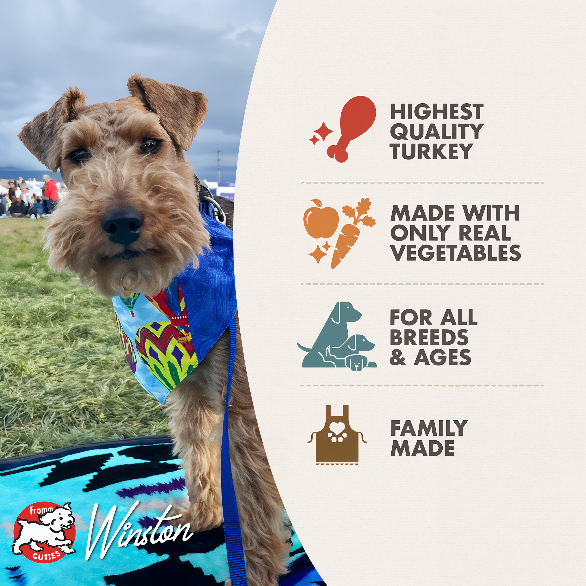 Fromm Cuties dog Winston with Frommbalaya benefits: highest quality turkey, only real vegetables, for all breeds and ages, family made