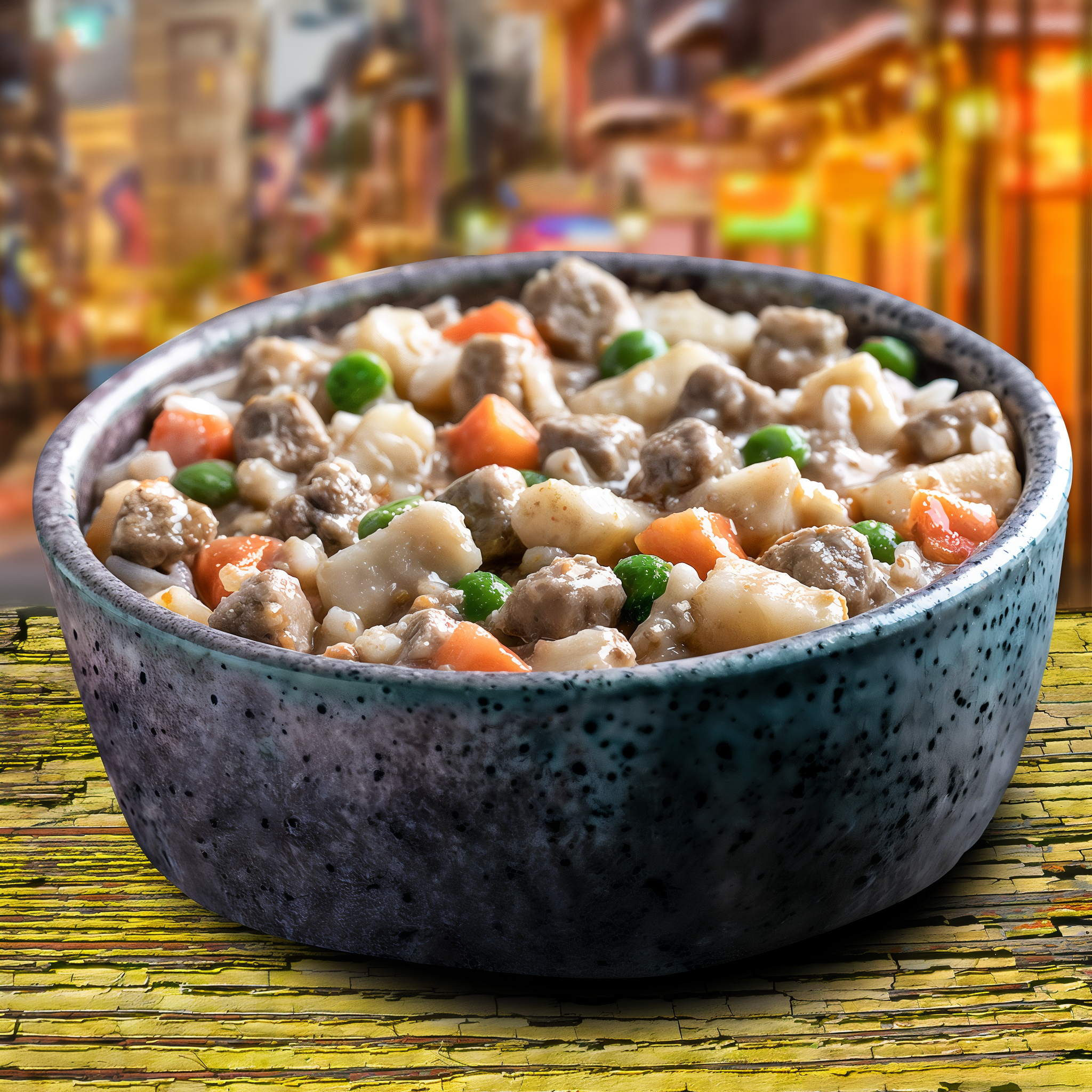 A bowl of Fromm Frommbalaya turkey stew with rice, potatoes, carrots, and peas before a colorful New Orleans street scene