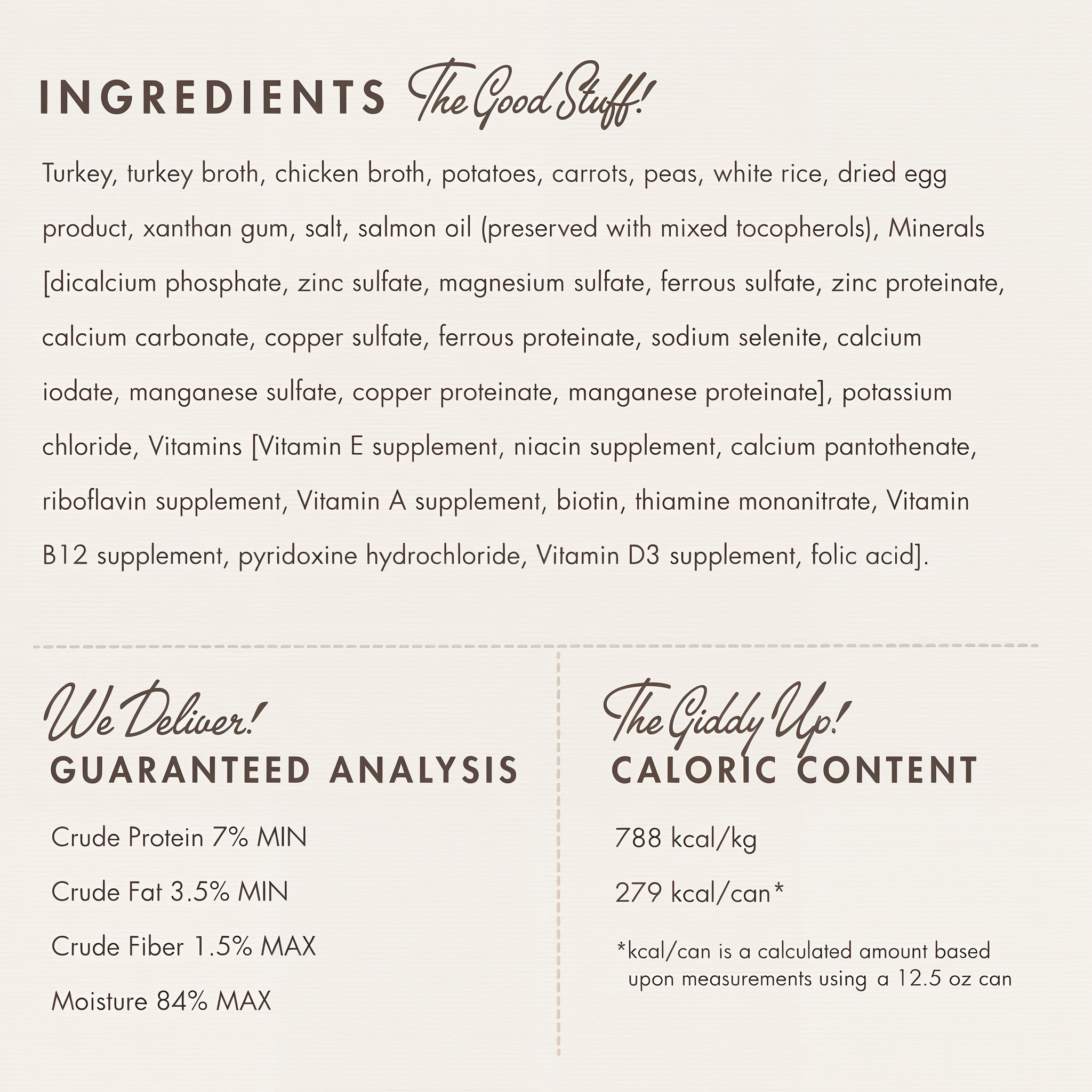 Fromm Frommbalaya Turkey, Vegetable & Rice Stew ingredients panel with guaranteed analysis and caloric content