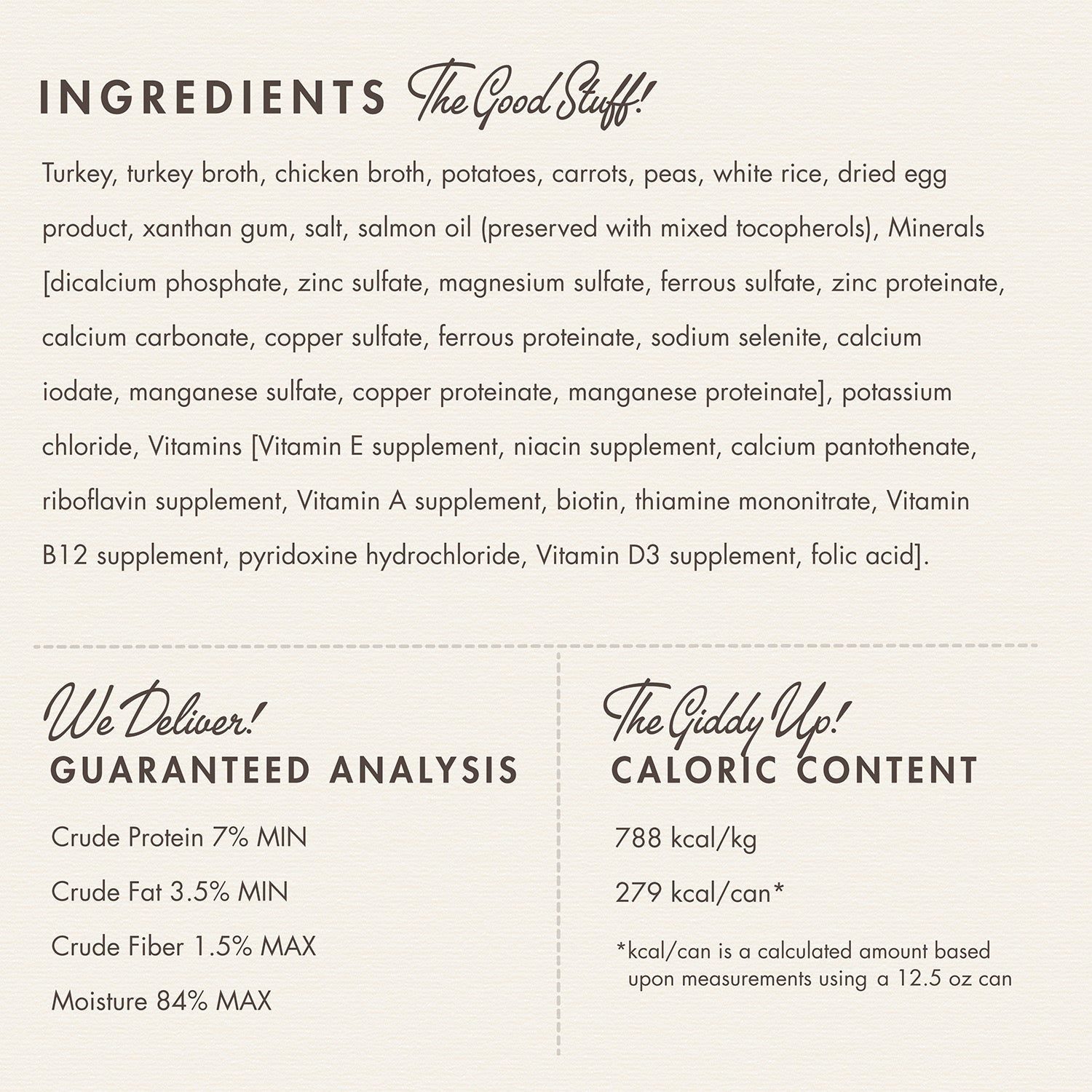 Fromm Frommbalaya Turkey, Vegetable & Rice Stew ingredients panel with guaranteed analysis and caloric content