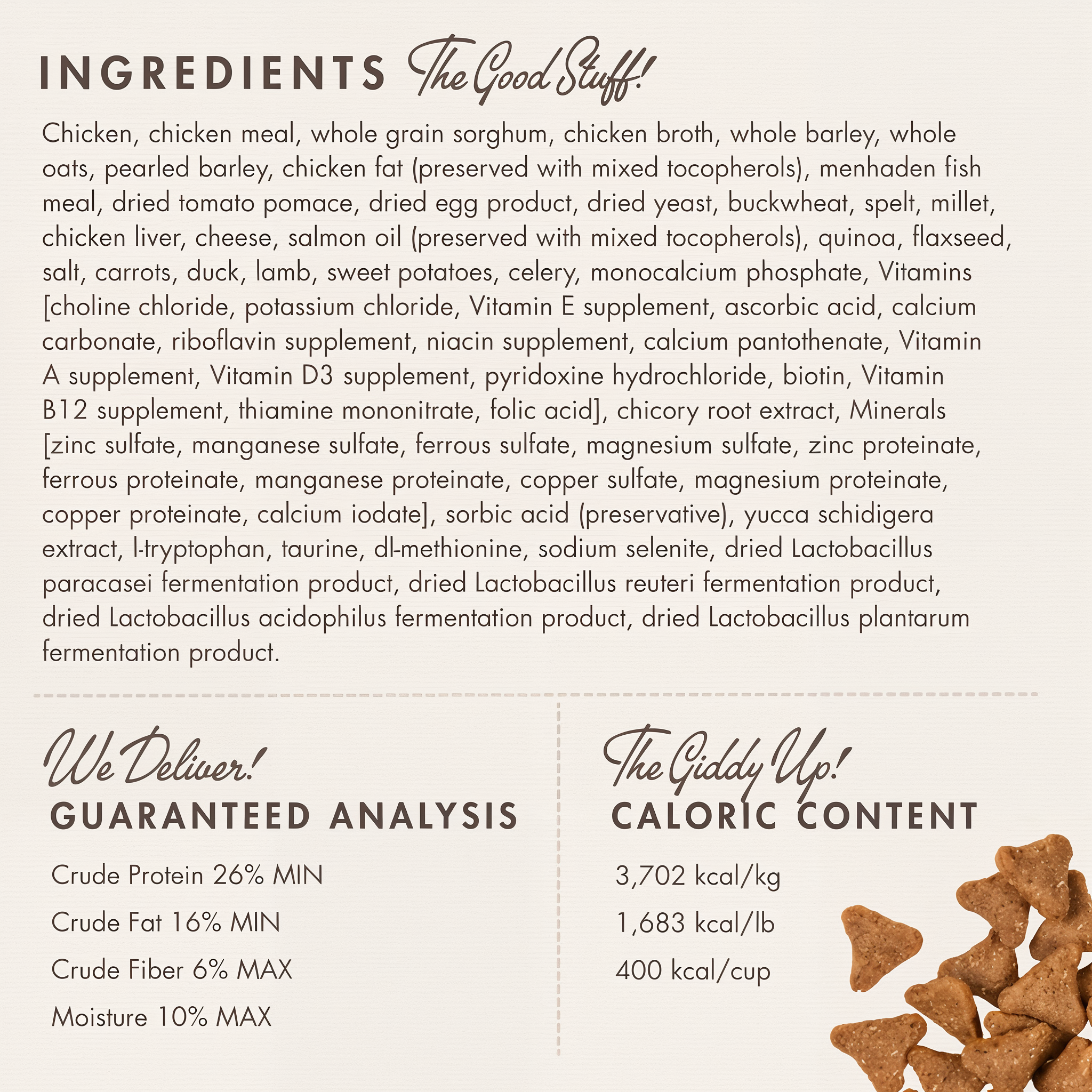 Fromm Gold with Ancient Grains Adult ingredients panel with guaranteed analysis and caloric content