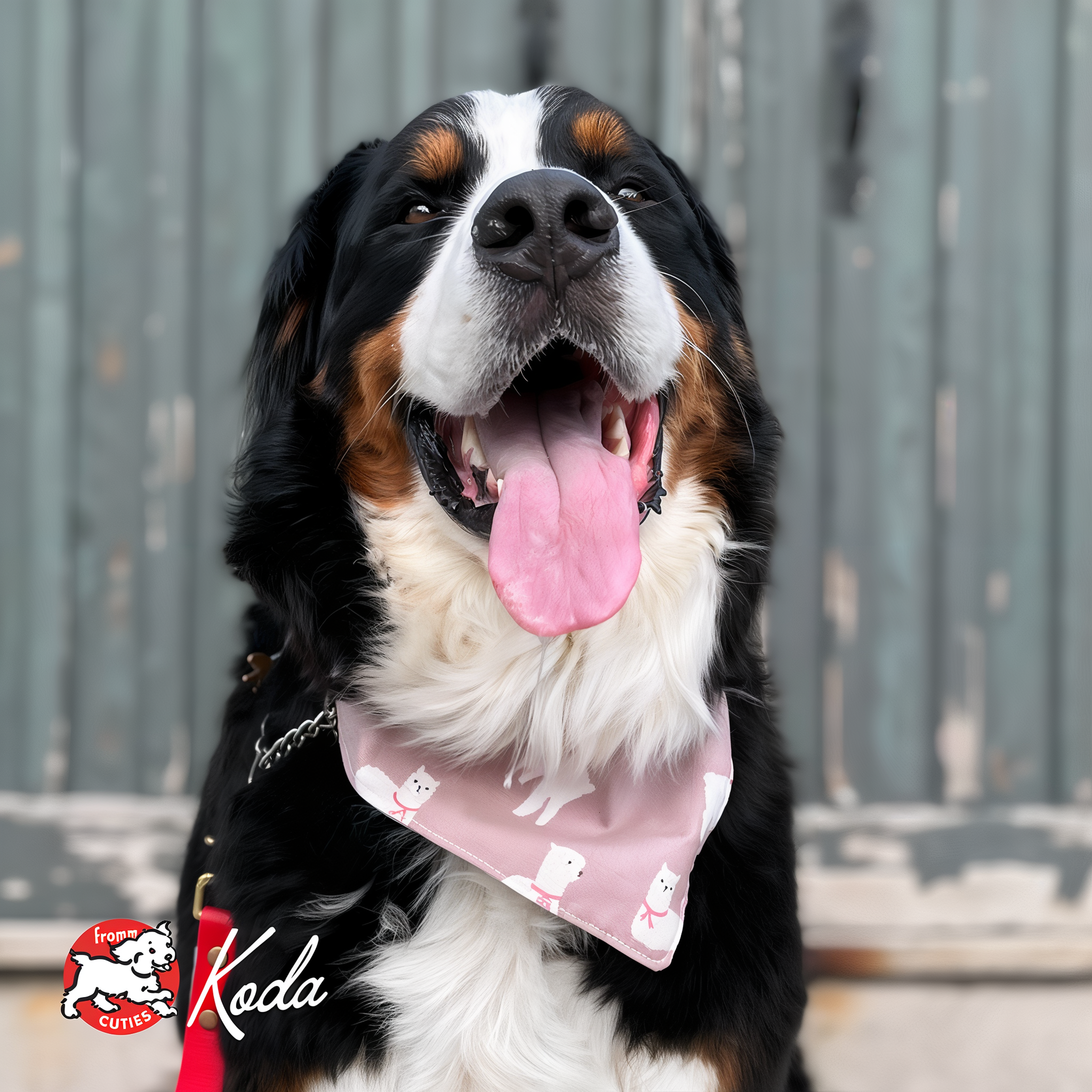 Dog Koda wearing a pink bandana, from the Fromm Cuties gallery