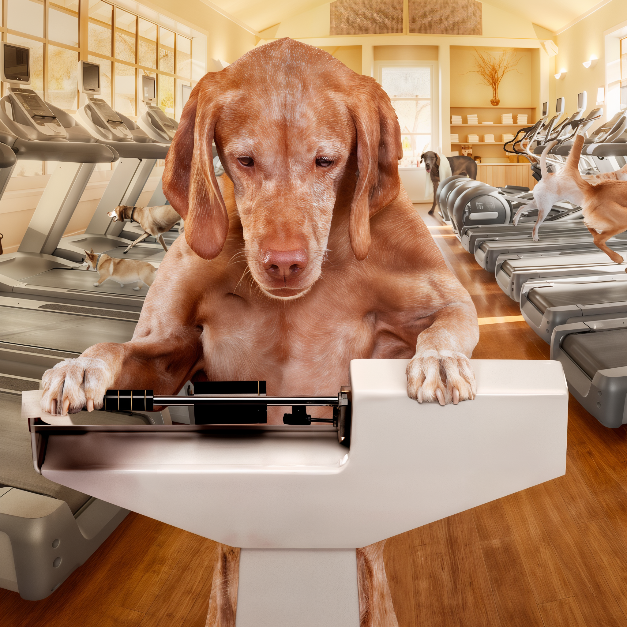 Dog checking its weight on a scale in a gym full of treadmills