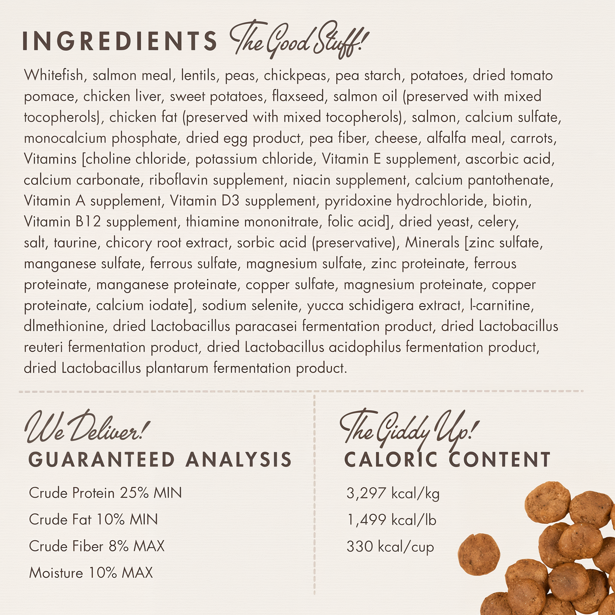 Fromm Gold Coast Weight Management ingredients panel with guaranteed analysis and caloric content