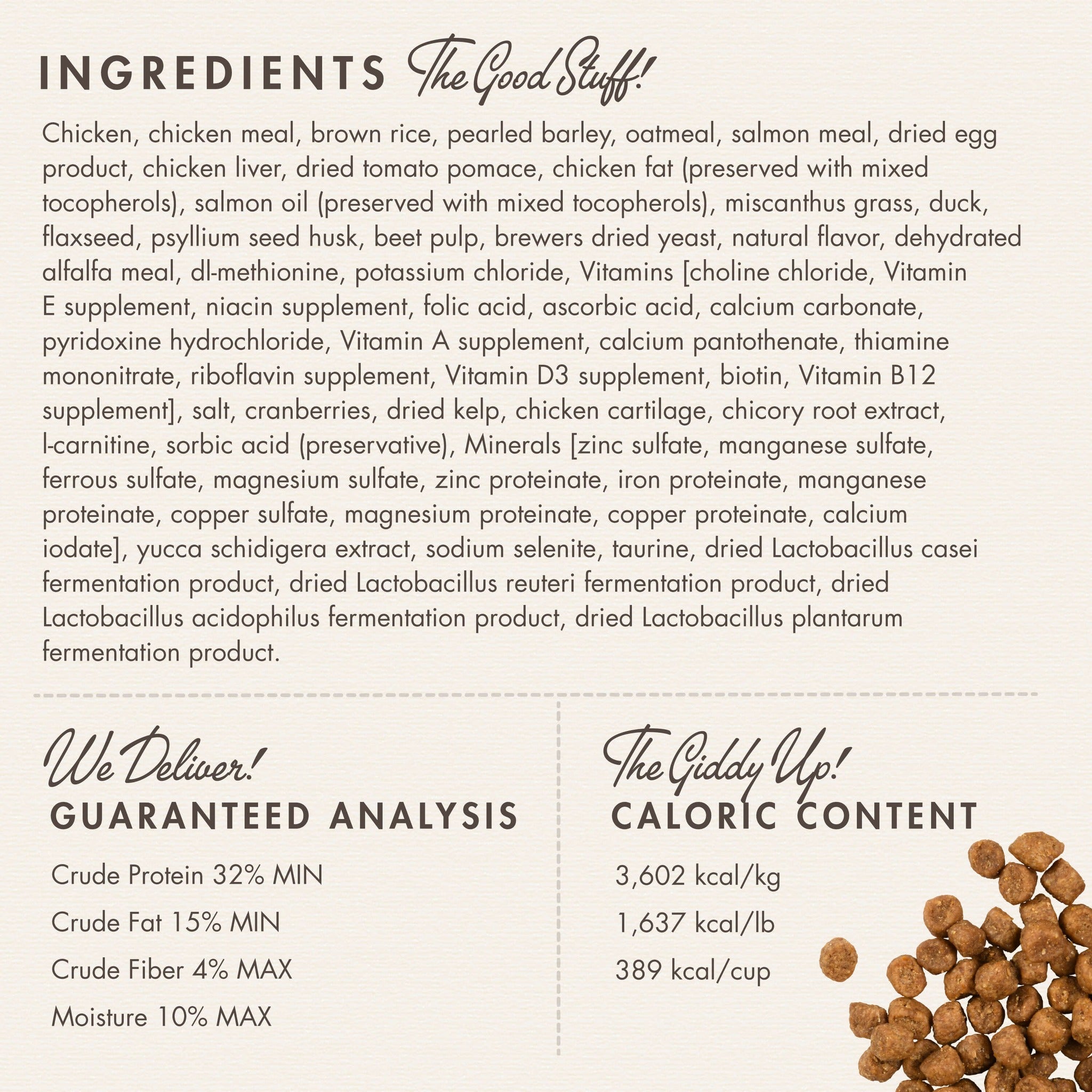 Fromm Gold Indoor Cat Hairball Control ingredients panel with guaranteed analysis and caloric content